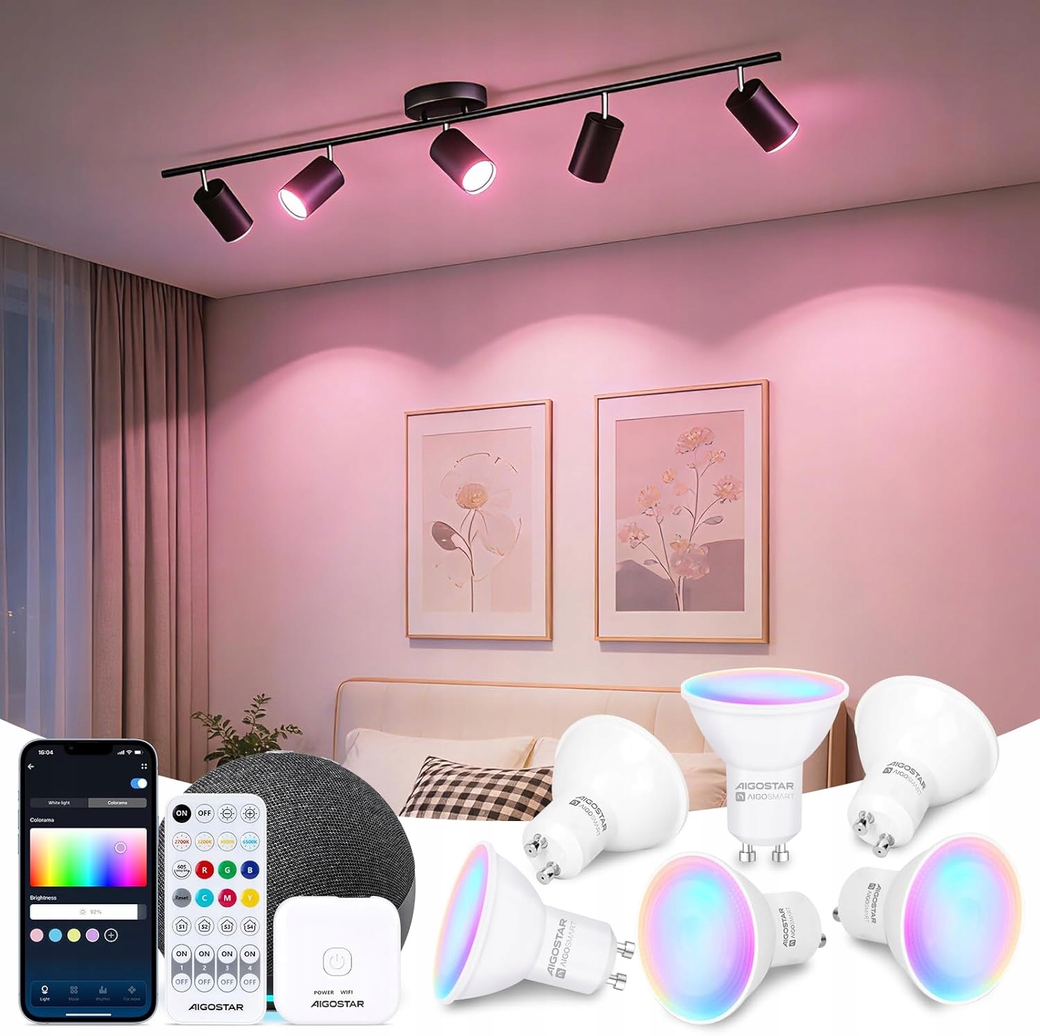 Żarówka Bluetooth GU10. 2700–6500 K, 6,5 W, 555 lm, pilot i bramka, 6 szt.