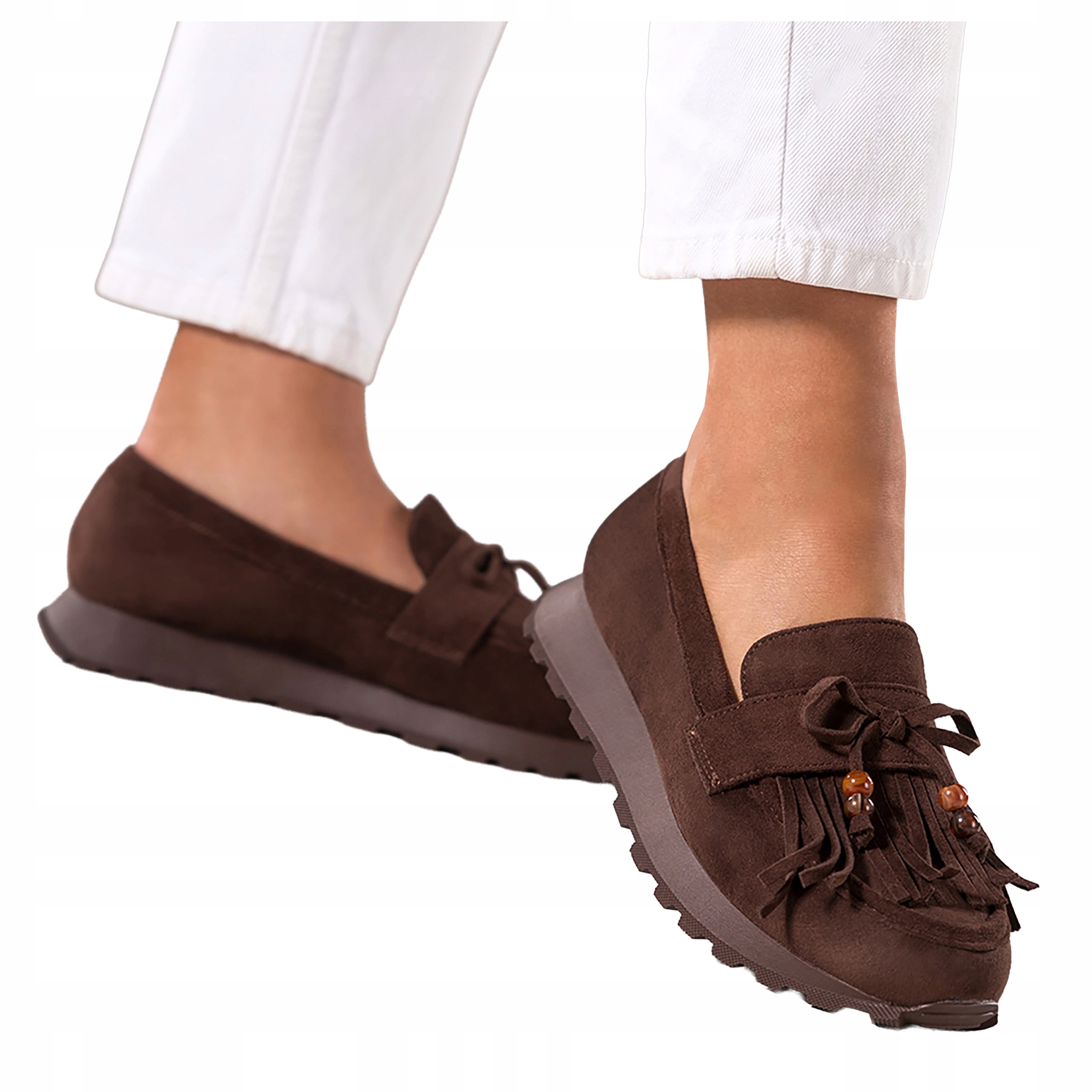 Čokoládové dámské Mokasíny na platformě Mašle Korálky Třásně vel 40