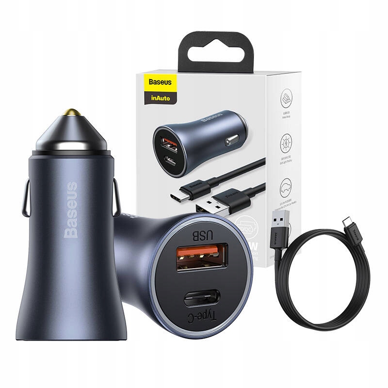 BASEUS MOCNA ŁADOWARKA SAMOCHODOWA USB-C 40W KABEL WIELE ZABEZPIECZEŃ