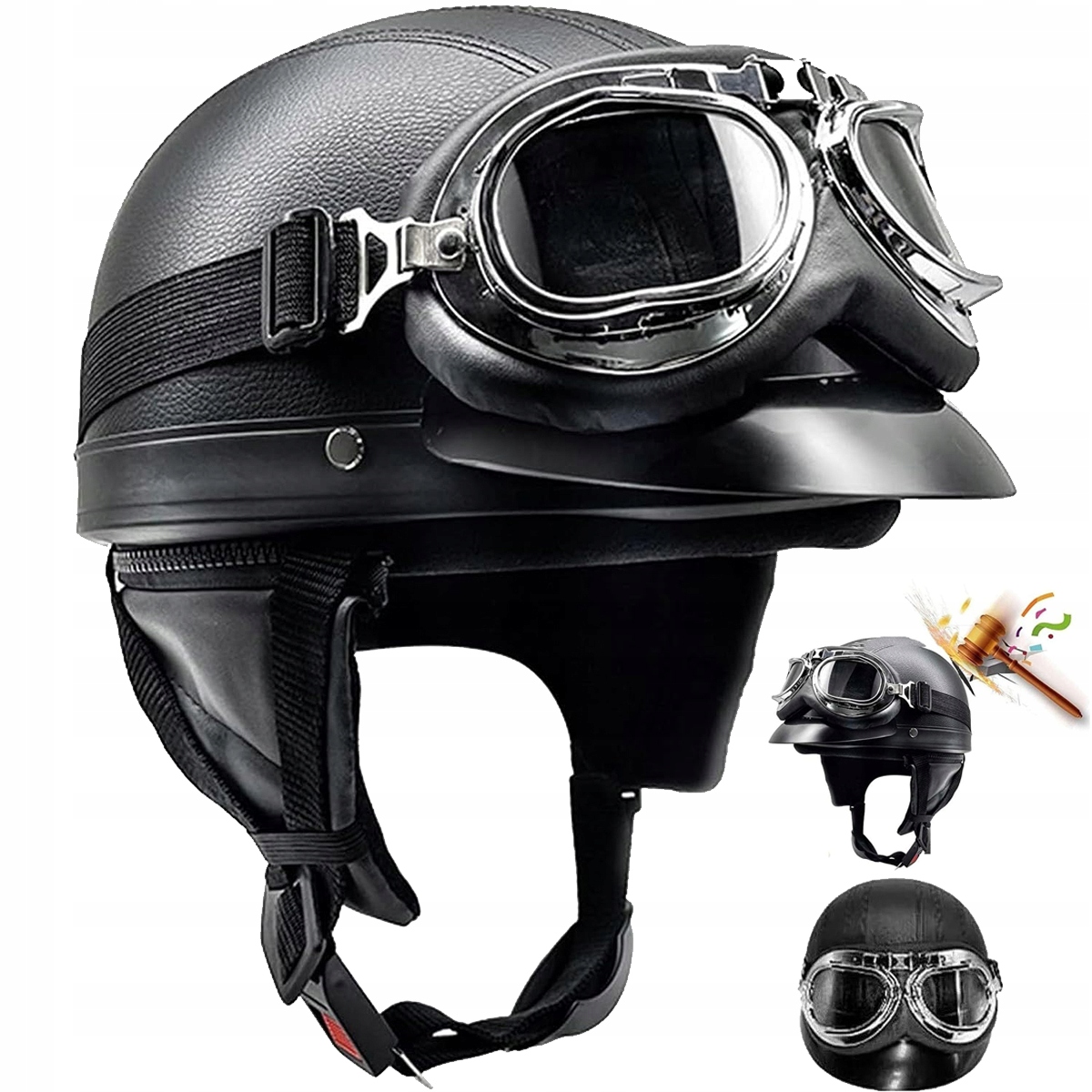 Kask Motocyklowy Hełm Czarny Gogle Retro