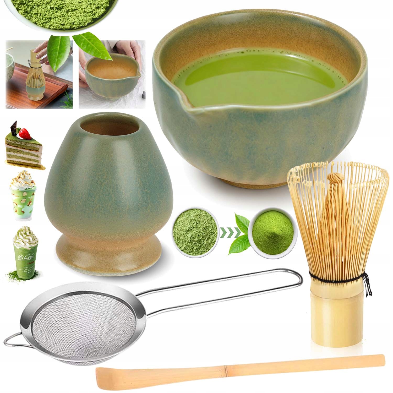 Levně Dárková Sada Na Čaj Matcha Šálek Metlička Podstavec Lžička 5KS