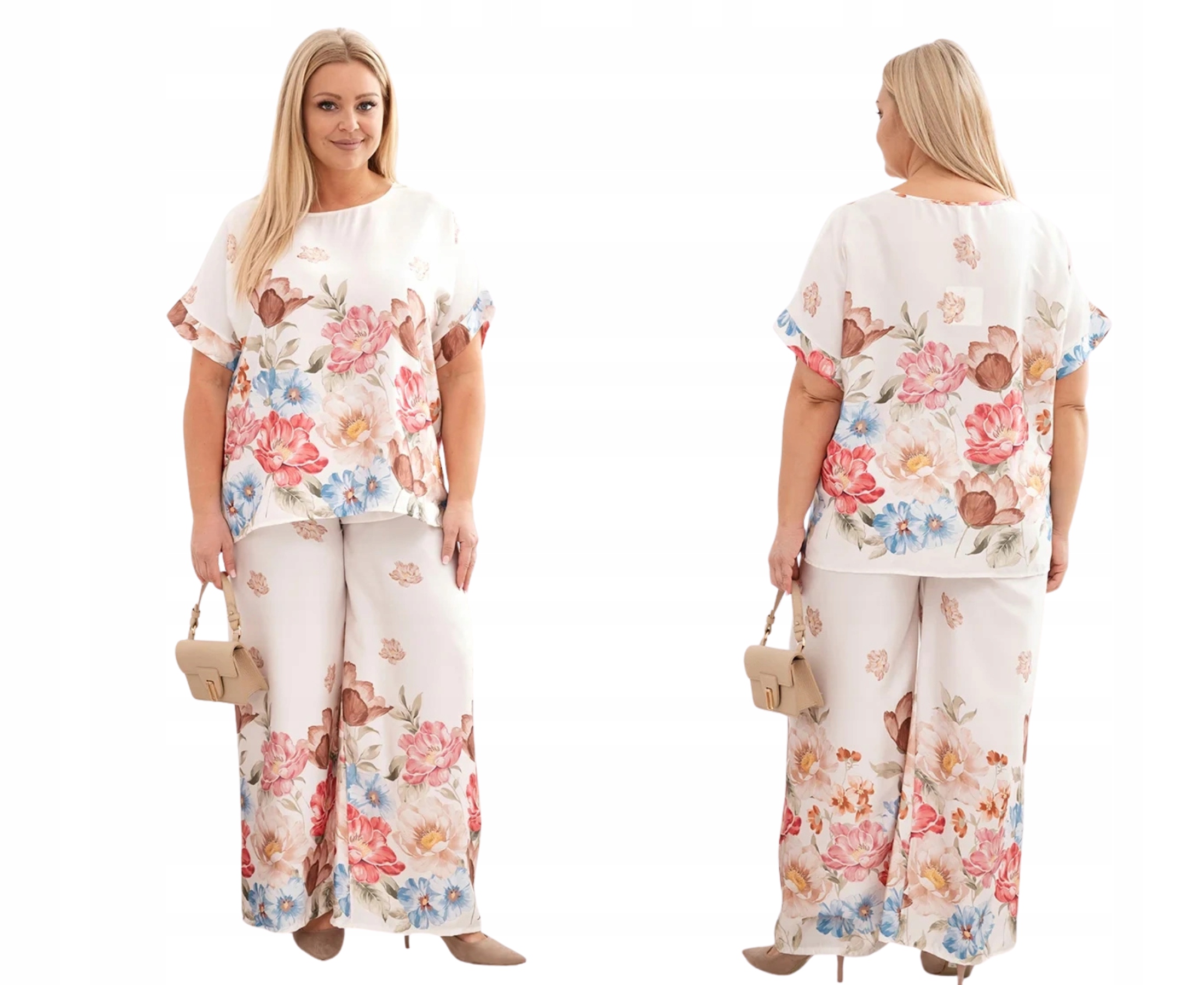 Ecru dámský komplet plus size, halenka s krátkým rukávem a kalhoty