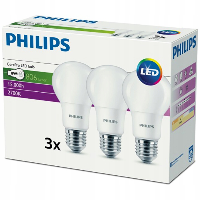 

Żarówka Led E27 8W 60W 806lm 2700K Philips 3PAK