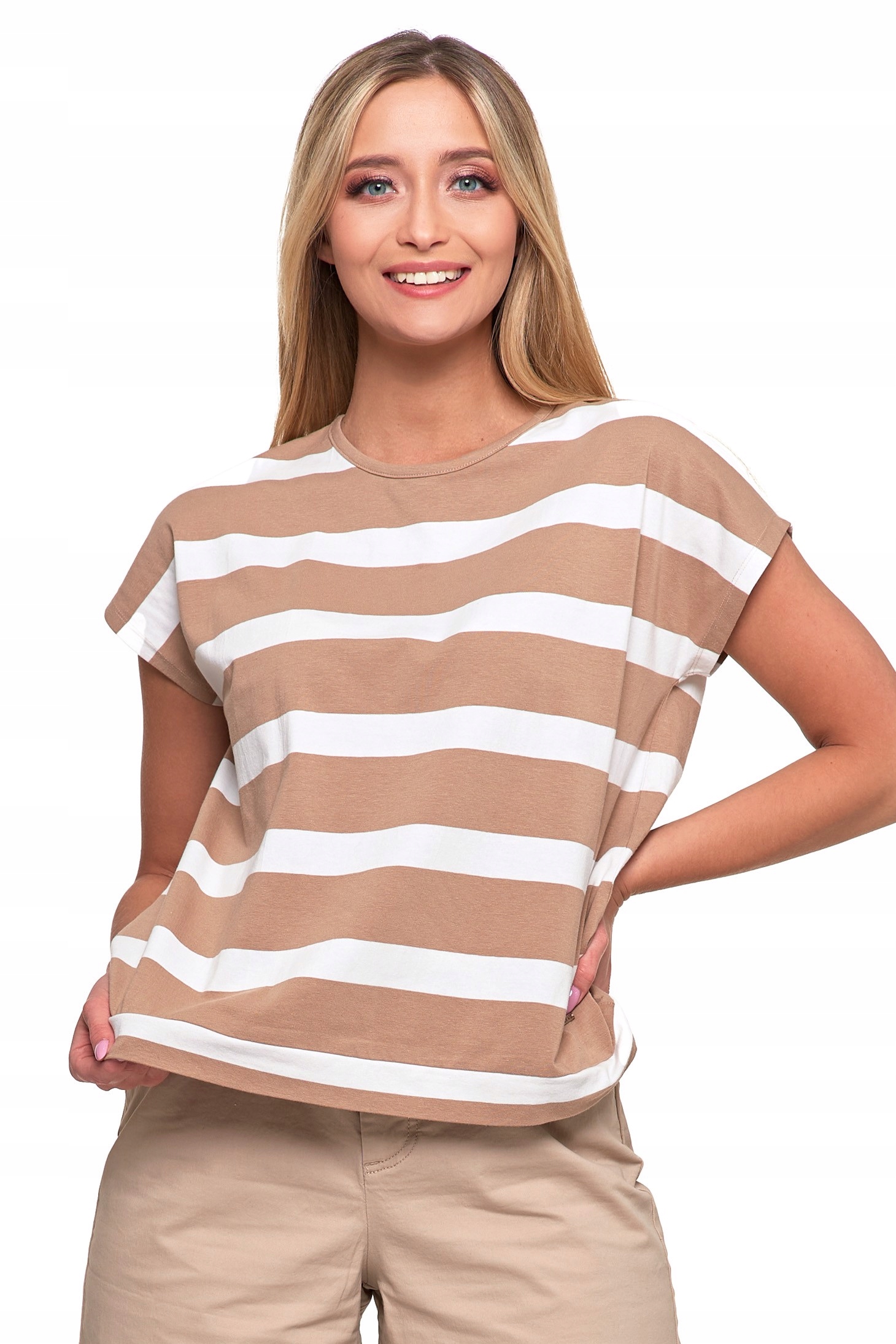KOSZULKA DAMSKA PASKI BAWEŁNIANA LUŹNY KOBIECY T-SHIRT BEŻ BIAŁY MORAJ R.S Płeć kobieta