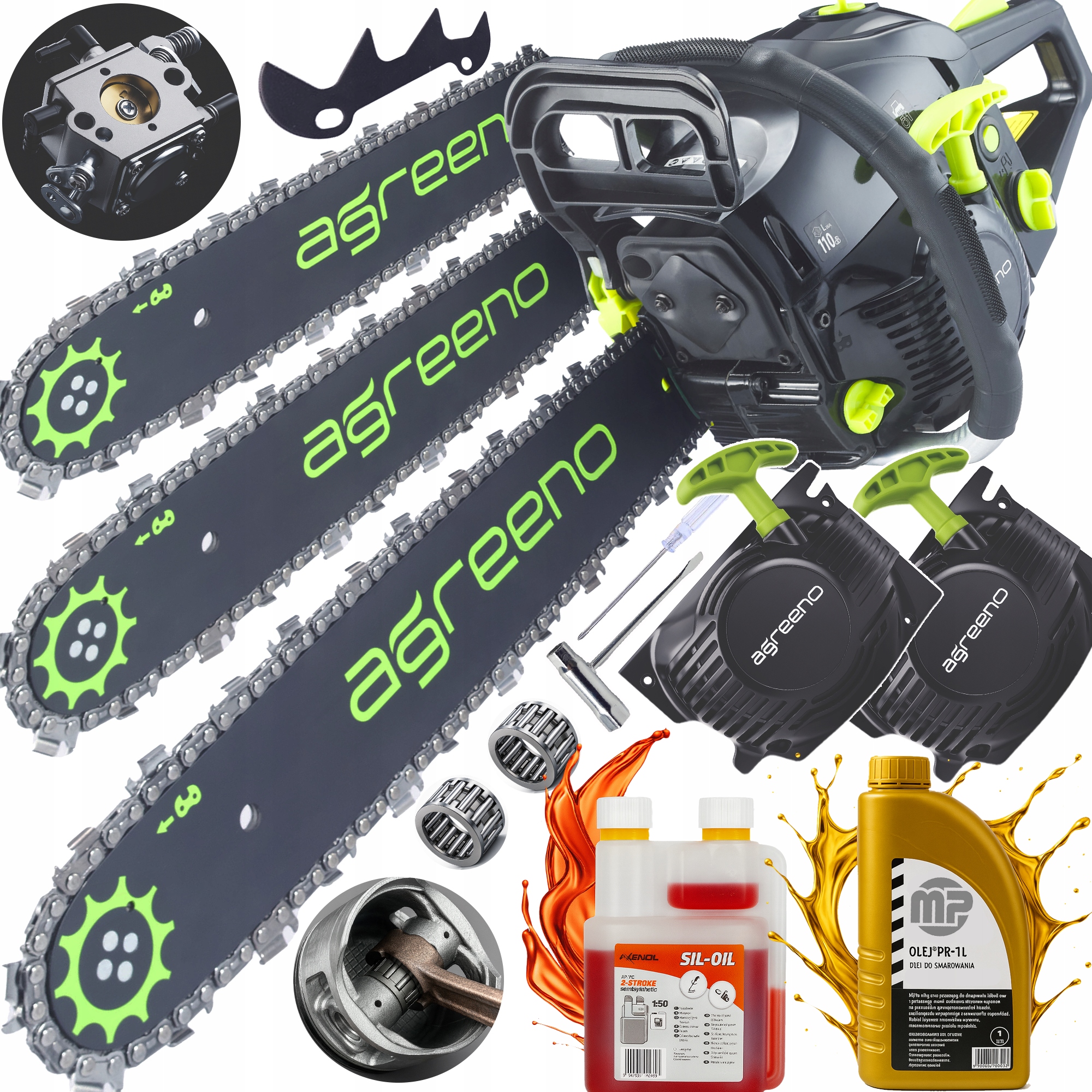 Benzínová Pila Řetězová Pila 5,7km 2x řetěz vodící lišta 2x olej AG005