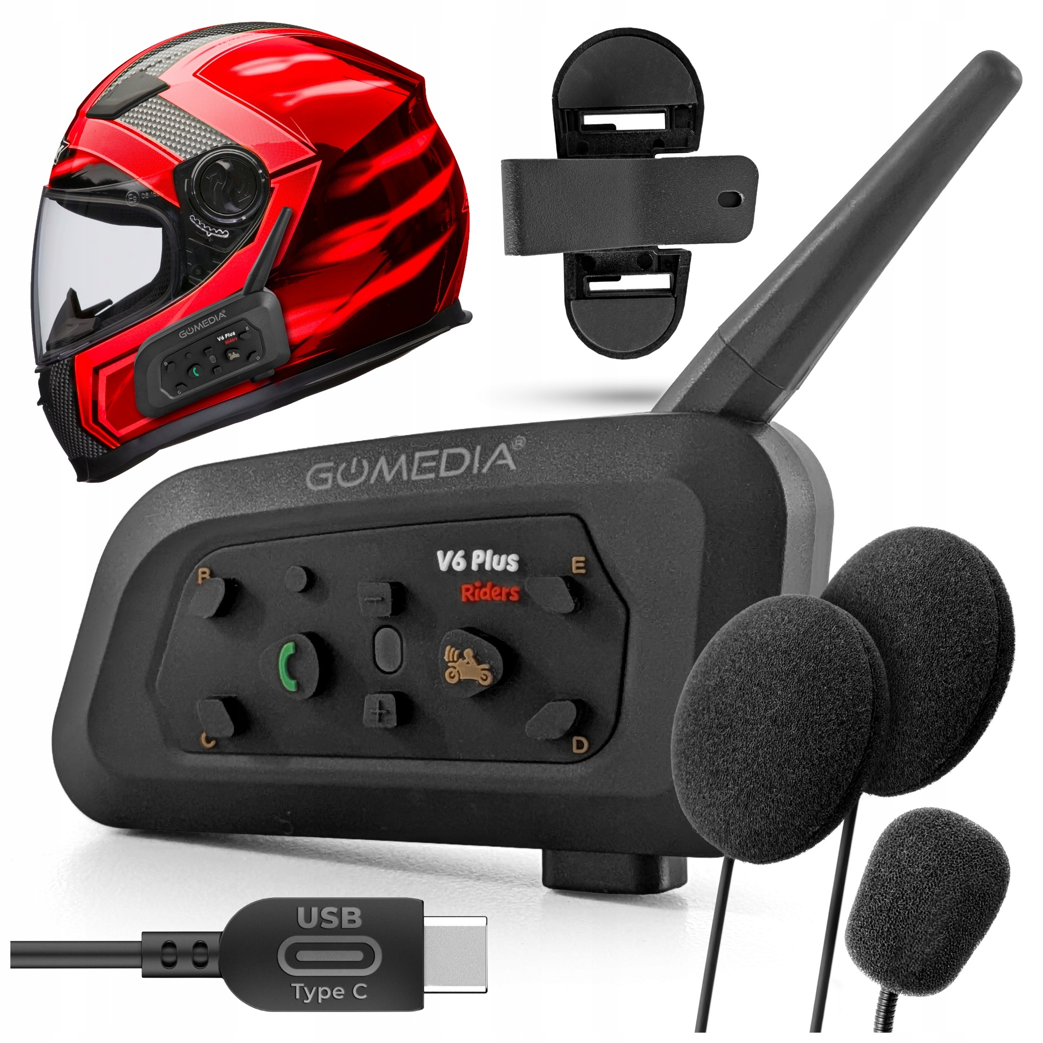 Motocyklový interkom Gomedia V6 Pro Plus pro 1 přilbu Usb-c Bluetooth 800 m Euc