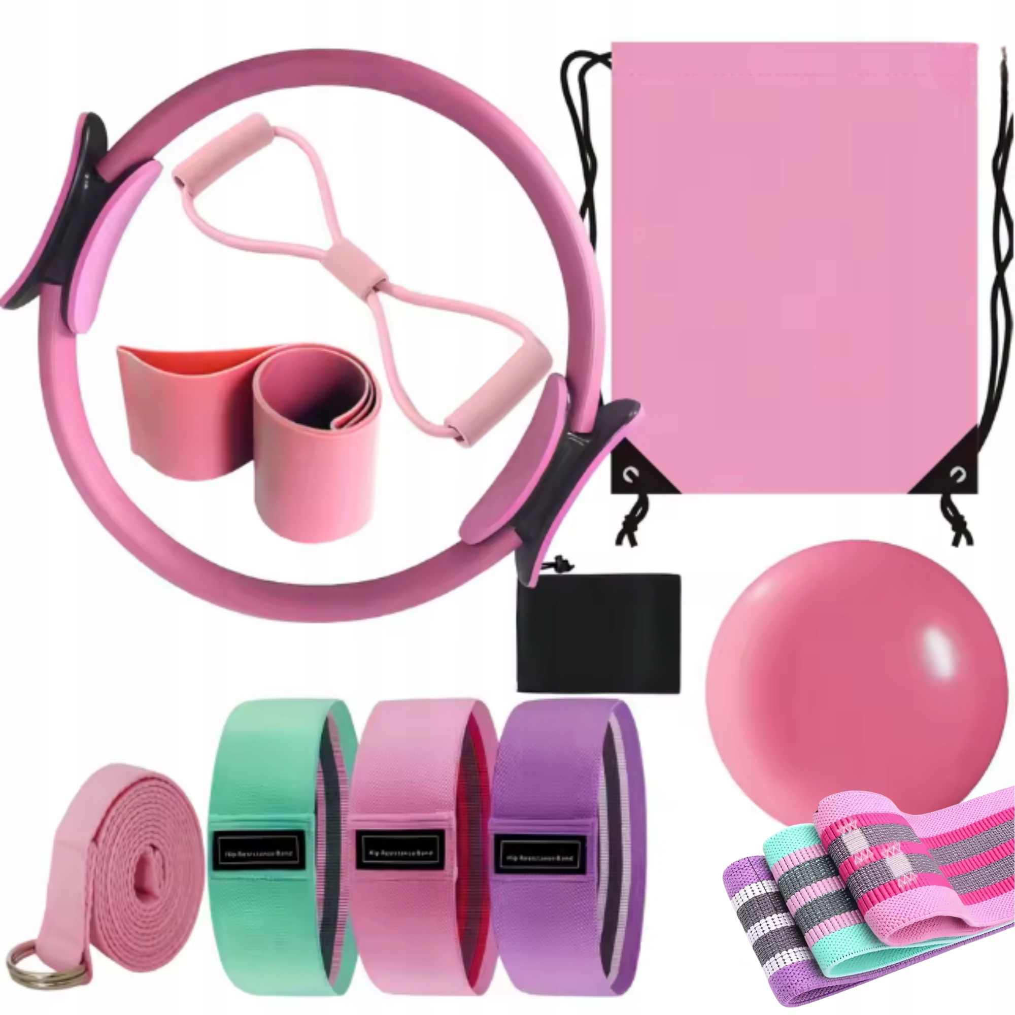 ZESTAW PILATES FITNESS JOGA 10w1 ĆWICZEŃ KOŁO DO PILATESU TAŚMY OPOROWE RÓŻ