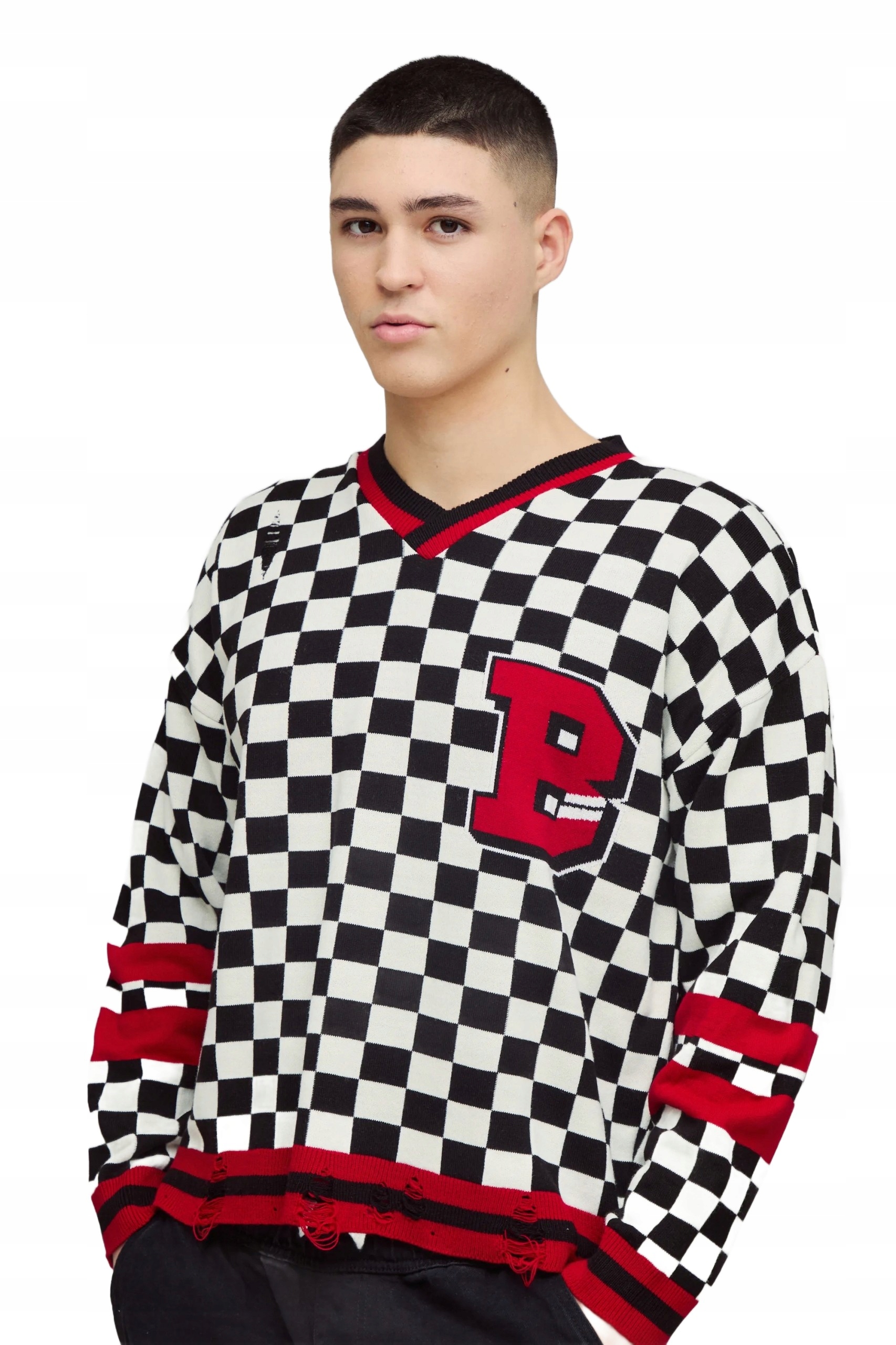 Boohooman Pánský Kostkovaný Svetr Černo-bílý S Červenými Detaily, Velikost Z3A