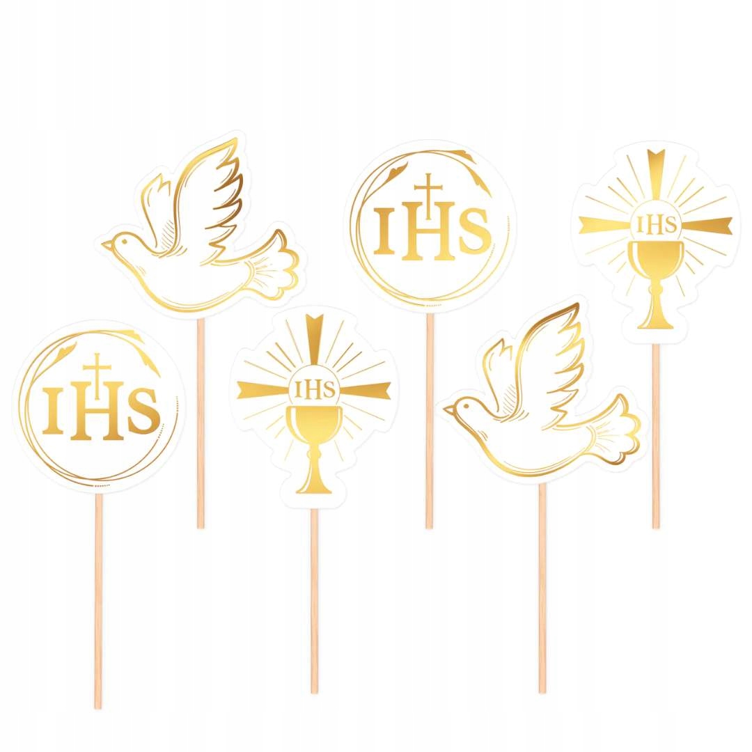 PIKERY KOMUNIA ŚWIĘTA IHS gołąbek kielich dekoracja muffinek na babeczki x6
