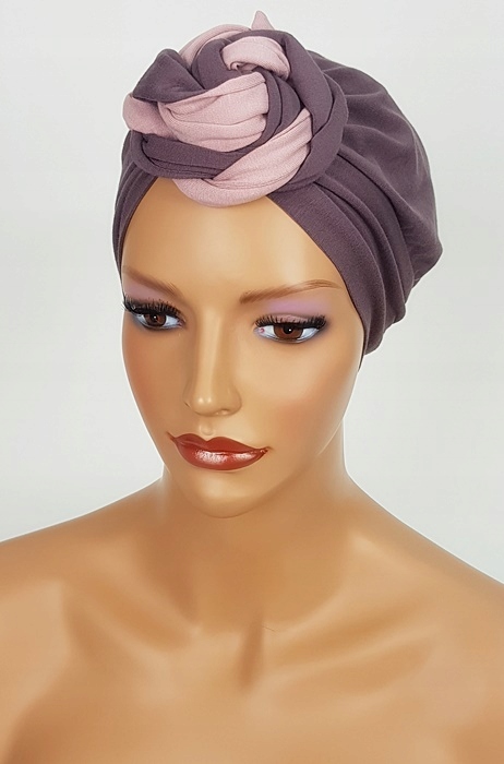 Dwukolorowa chusta Sejla kakao-róż marszczona turban także po chemioterapii Marka Eva Design