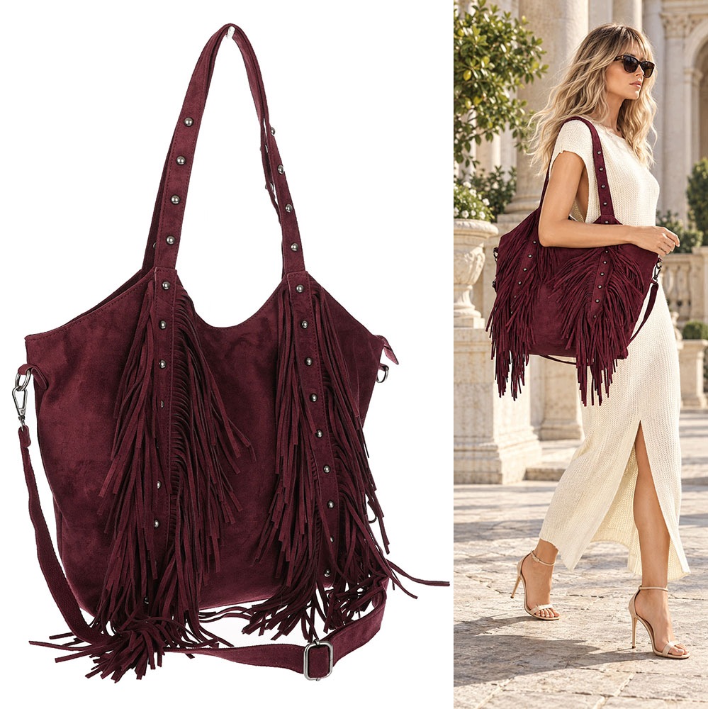 Dámská kabelka Semišová Třásně Shopper Taška přes rameno L3940 Bordó