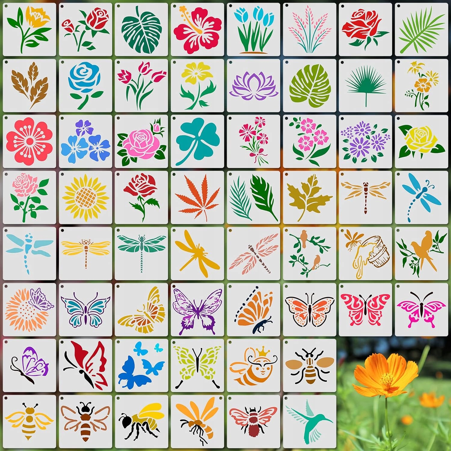 SZABLONY DO RYSOWANIA MALOWANIA DEKORACJI 60 SZTUK KWIATY OWADY LIŚCIE