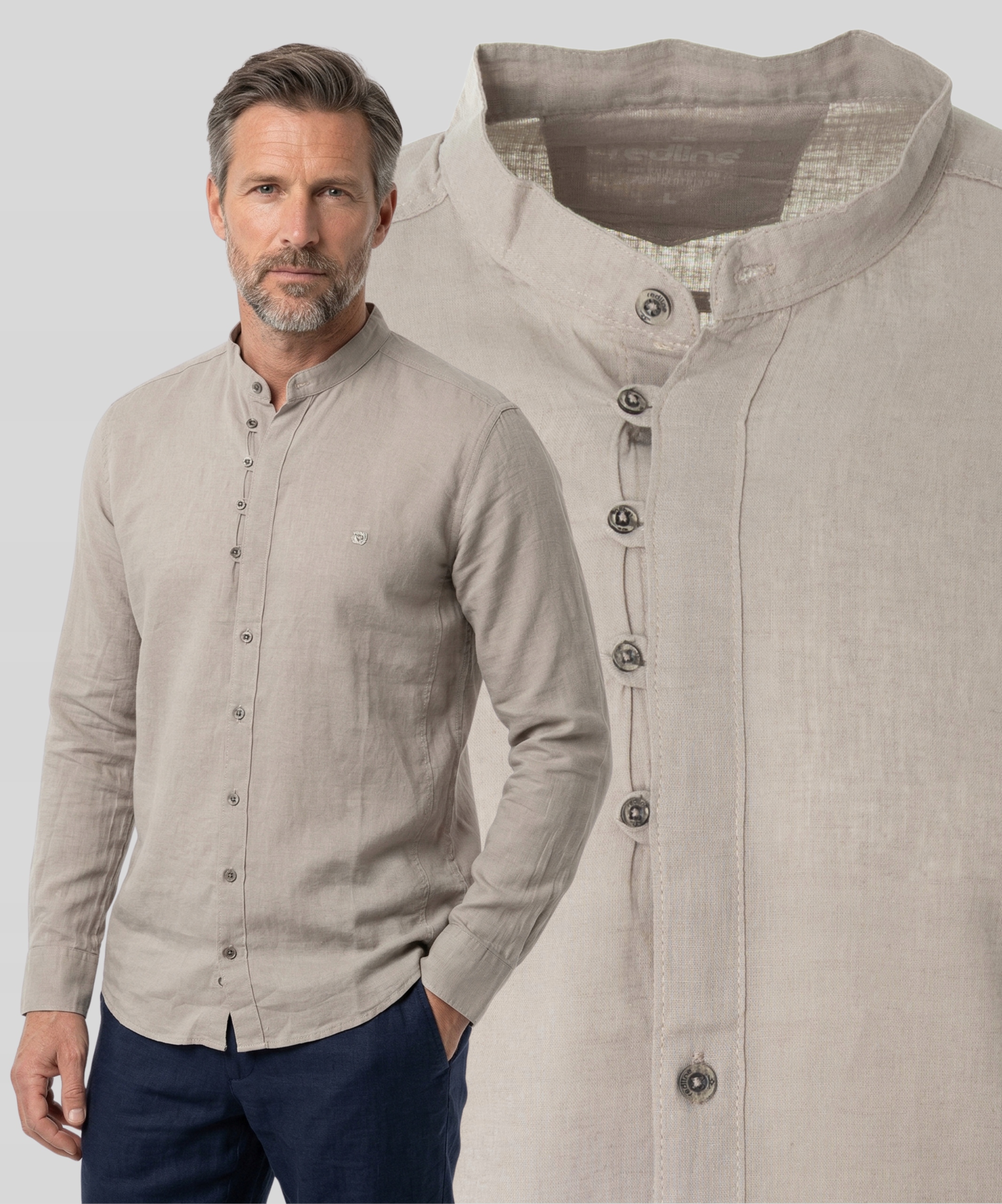 koszula męska Lniana Len Bawełna Stójka Letnia Beżowa Na Lato Przewiewna XL