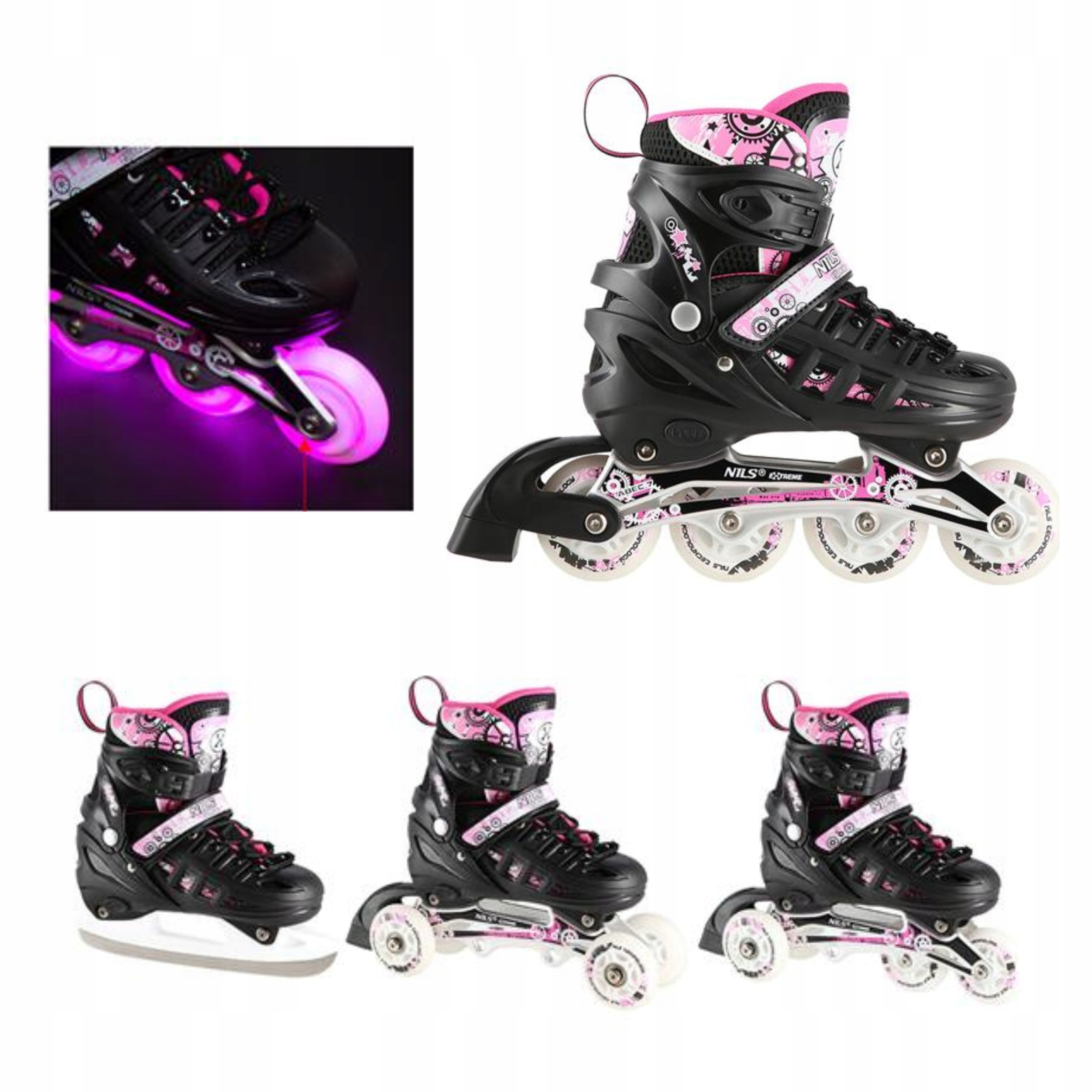 Nils Extreme brusle na led kolečkové brusle kolečkové brusle 4v1 růžové Led ABEC7