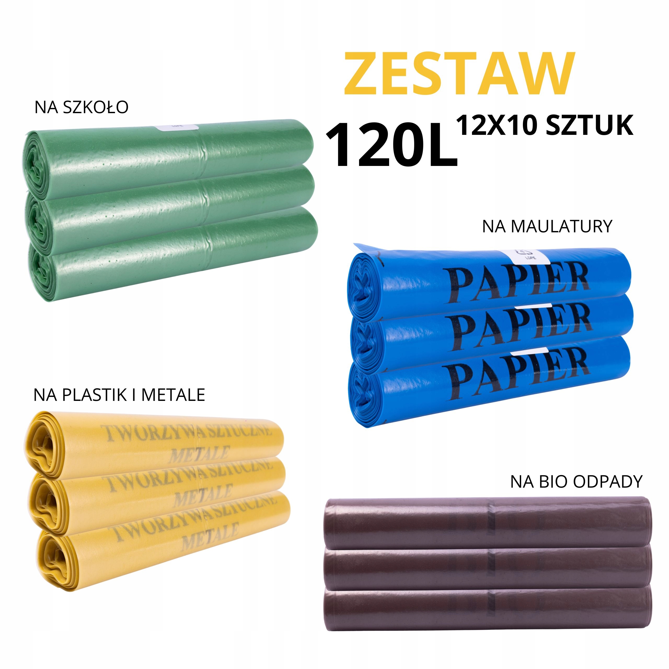 Levně Barevné pytle na třídění odpadků 120L – sada 3x4 rolí – 120 Ks