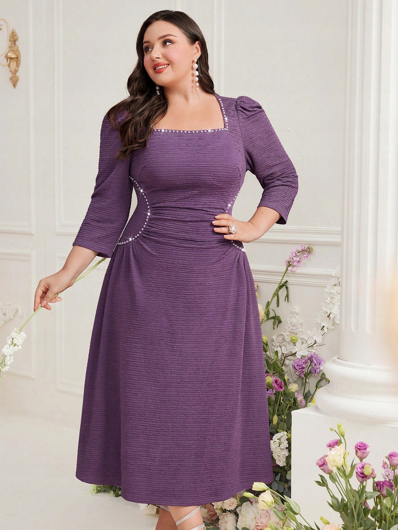 Šaty Elegantní Maxi Zdobená Perličkami Fialová XXL 44