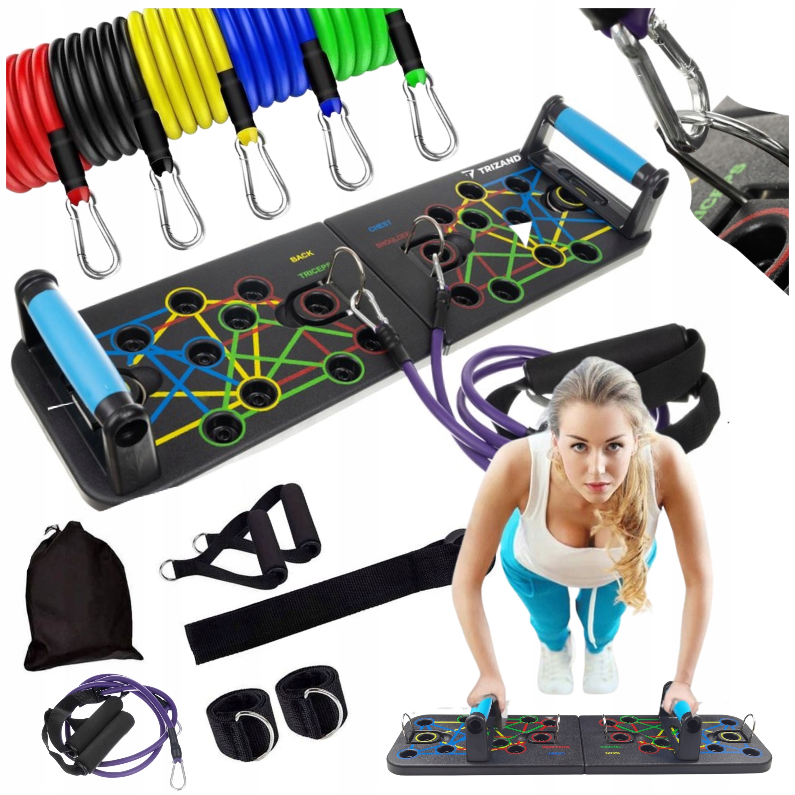Uchwyty Deska Do Ćwiczenia Pompek Push Up 16w1 Gumy Oporowe Ekspander Set