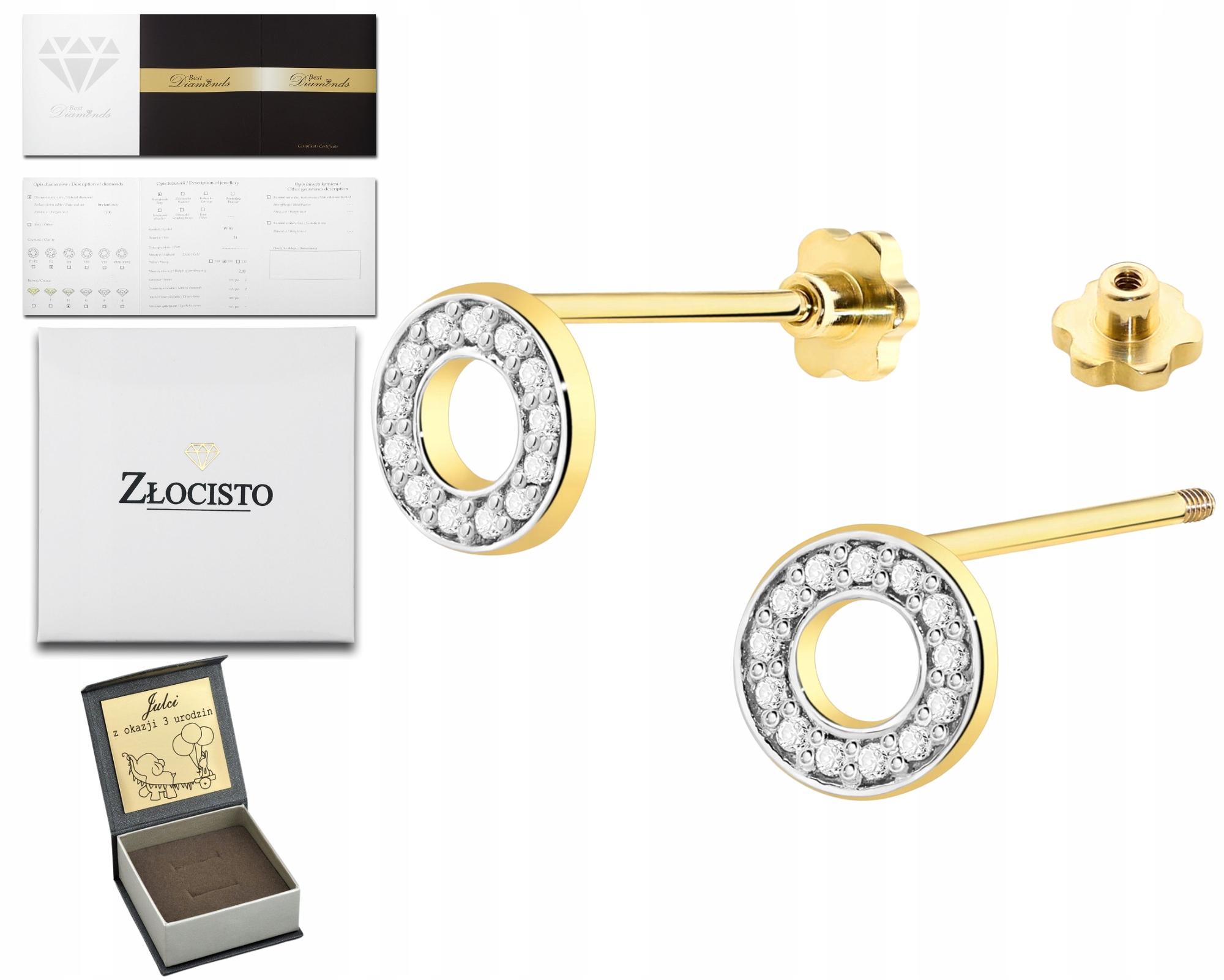 Zlaté Náušnice Kolečka Ring S Briliantem Šroubovací Tyčinka Zlato 585 Dárek