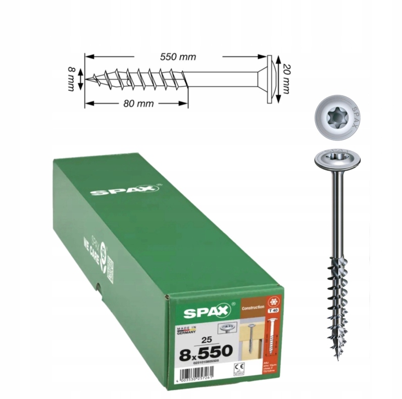 Univerzálne skrutky Wirox do dreva Spax 8 x 550 mm 25 ks