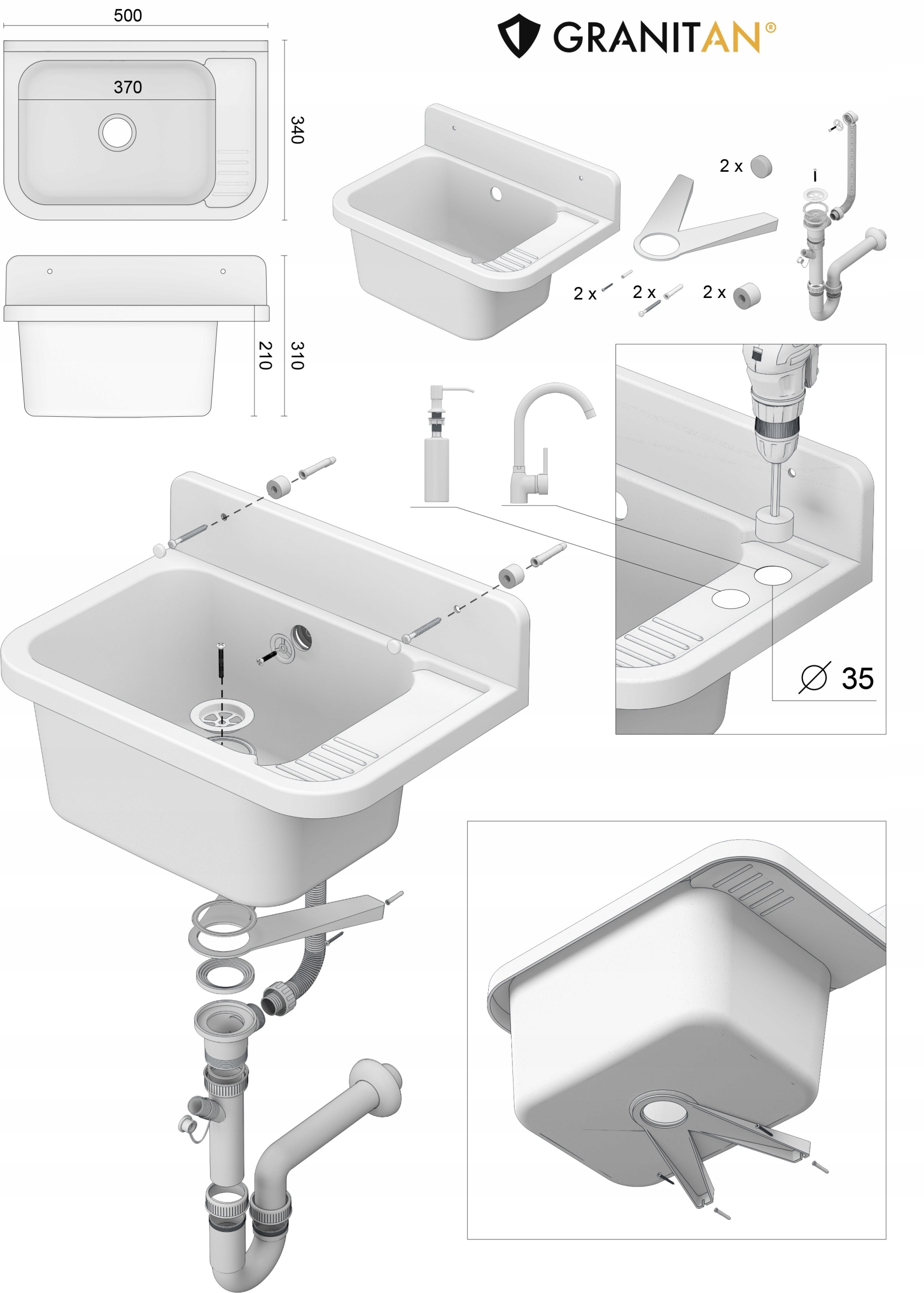 ZLEW GOSPODARCZY SZARY KOMORA TECHNICZNA BATERIA Z ELASTYCZNĄ WYLEWKĄ PARON Krótszy bok 34 cm