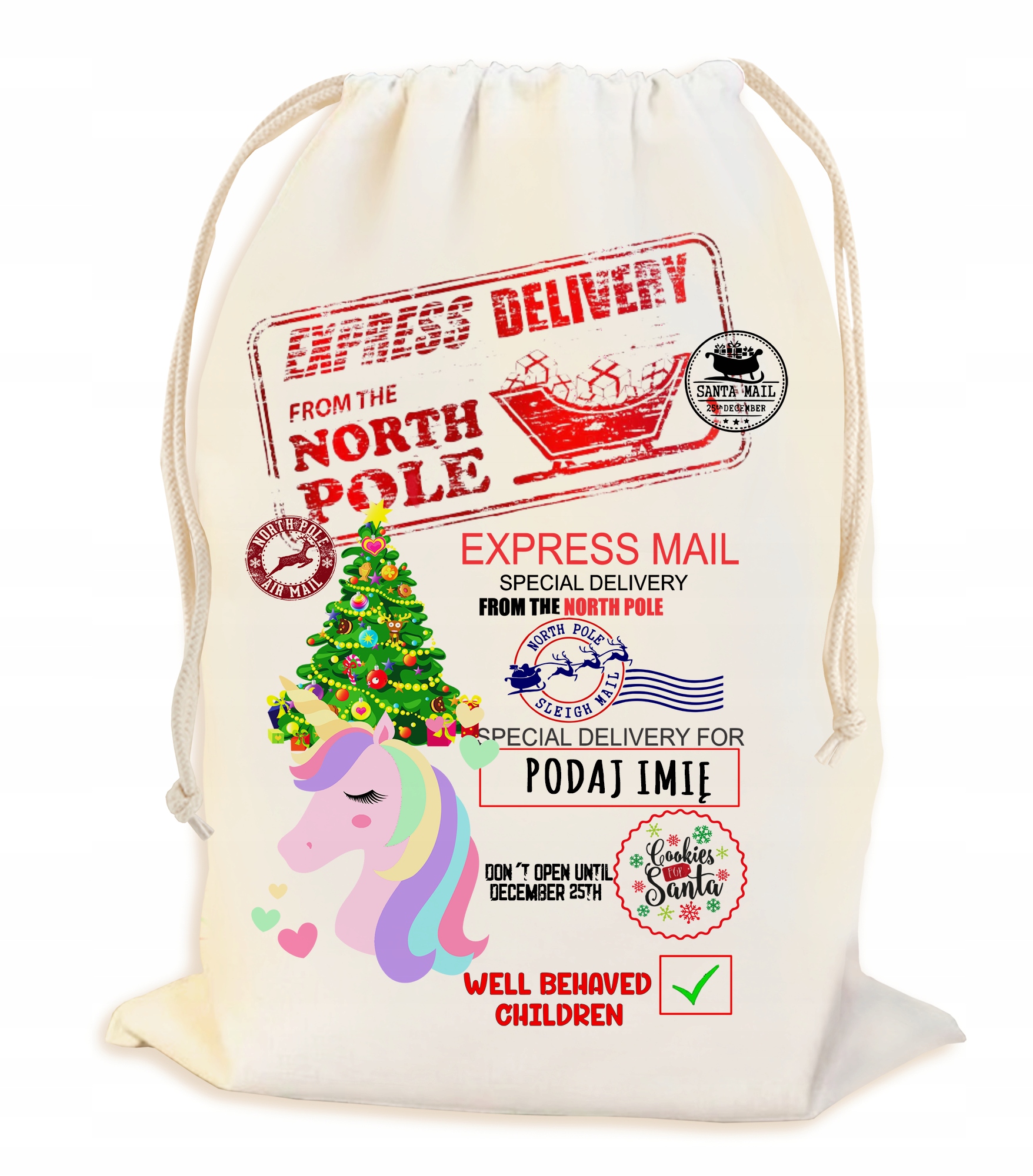 PEROSNALIZOWANY WOREK NA ŚWIĄTECZNY PREZENT POD CHOINKĘ Z IMIENIEM 23*34CM