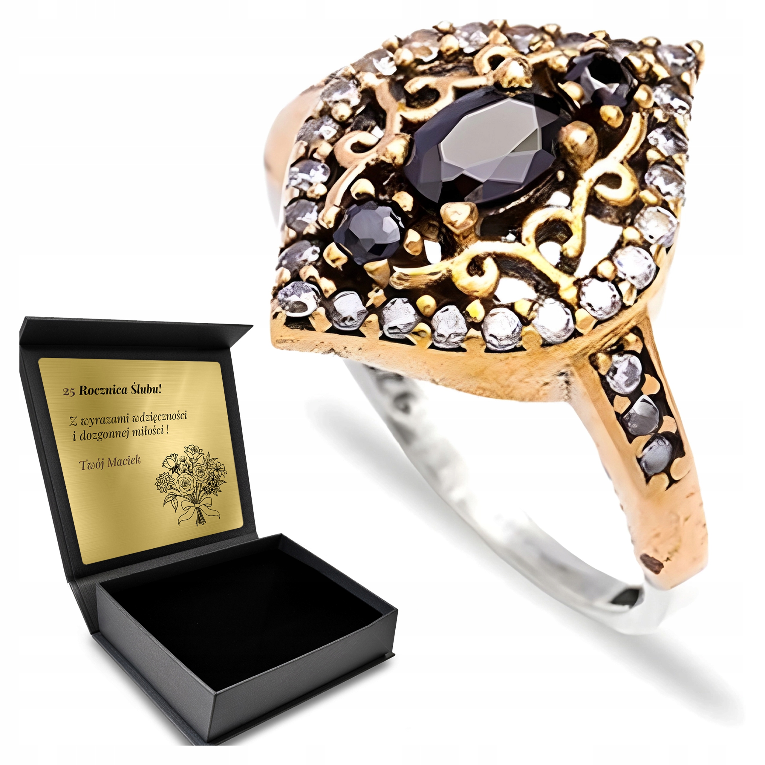 Prstýnek Srerbny 925 Černé Zirkony Šperky Pro Ženy Gravírování Bonus