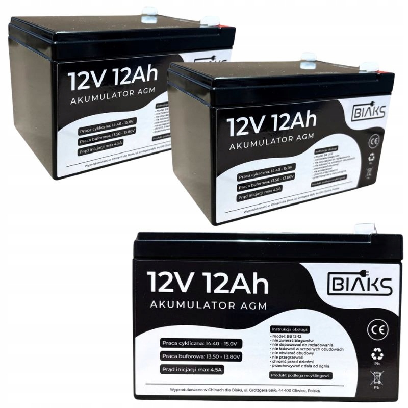 2x Akumulátor Agm 12V 12Ah Biaks (rozměr 10Ah 14Ah 15Ah) pro solární Ups Cctv