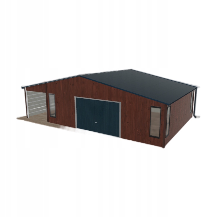 Plechová garáž 7.5 x 6 m s přístřeškem Tmavý ořech
