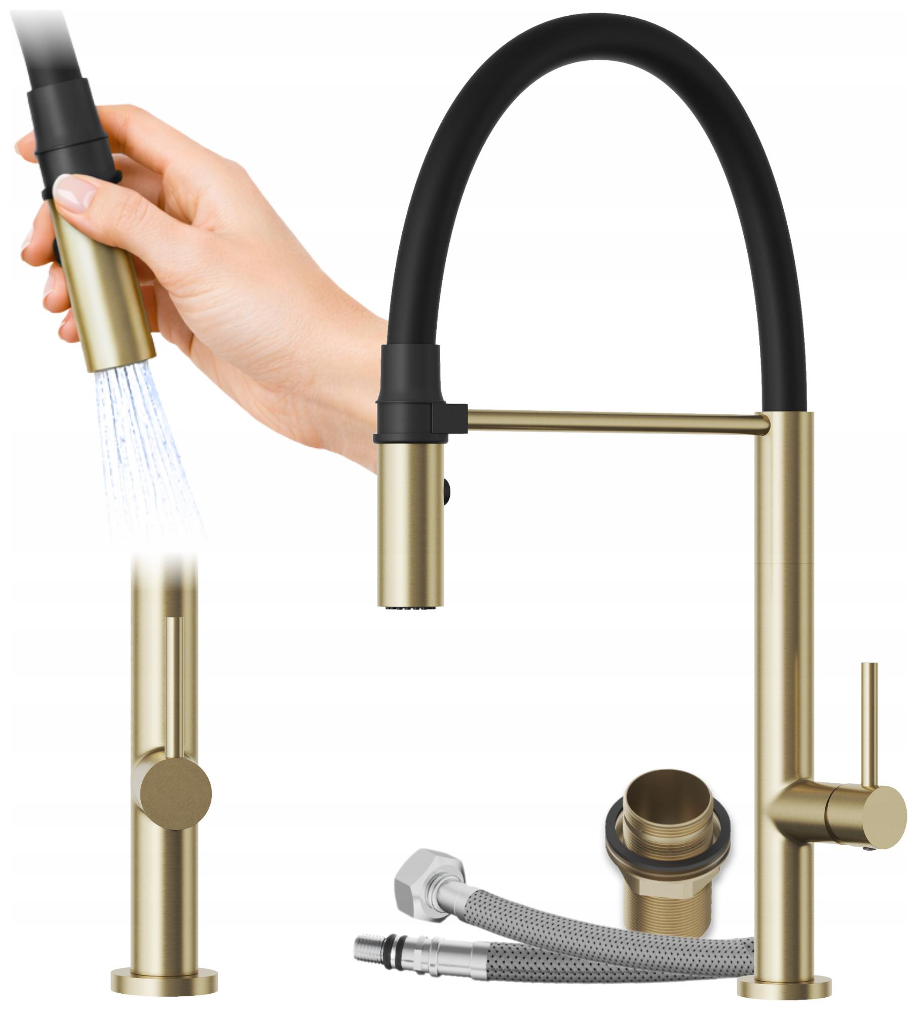 Kuchynská batéria Kohútik Čierna Elastická stojanková výtoková batéria Zlatá Scala