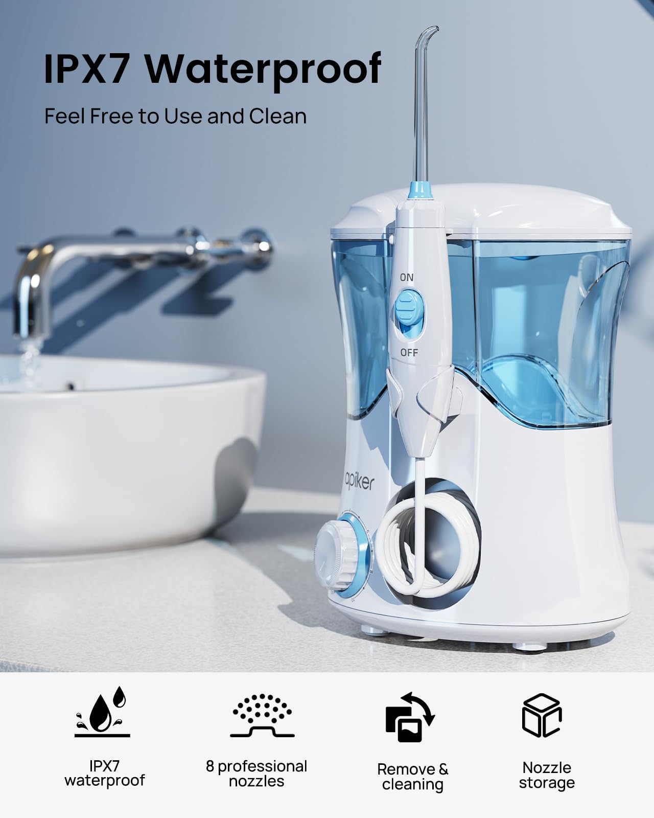 APIKER Irygator Do Zębów Elektryczny 8 Dysz 10 Trybów 600ml Dla Rodziny — miniatura 6