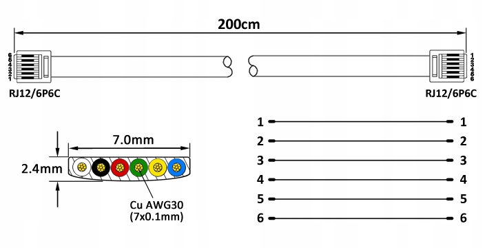 Kabel telefoniczny VOICE/SERIAL 6P6C/RJ12-6P6C/RJ12 1:1 biały 2m Model 41517