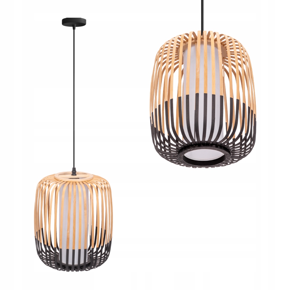 Závěsná Lampa Boho Bambusová Přírodní S Černou Barvou