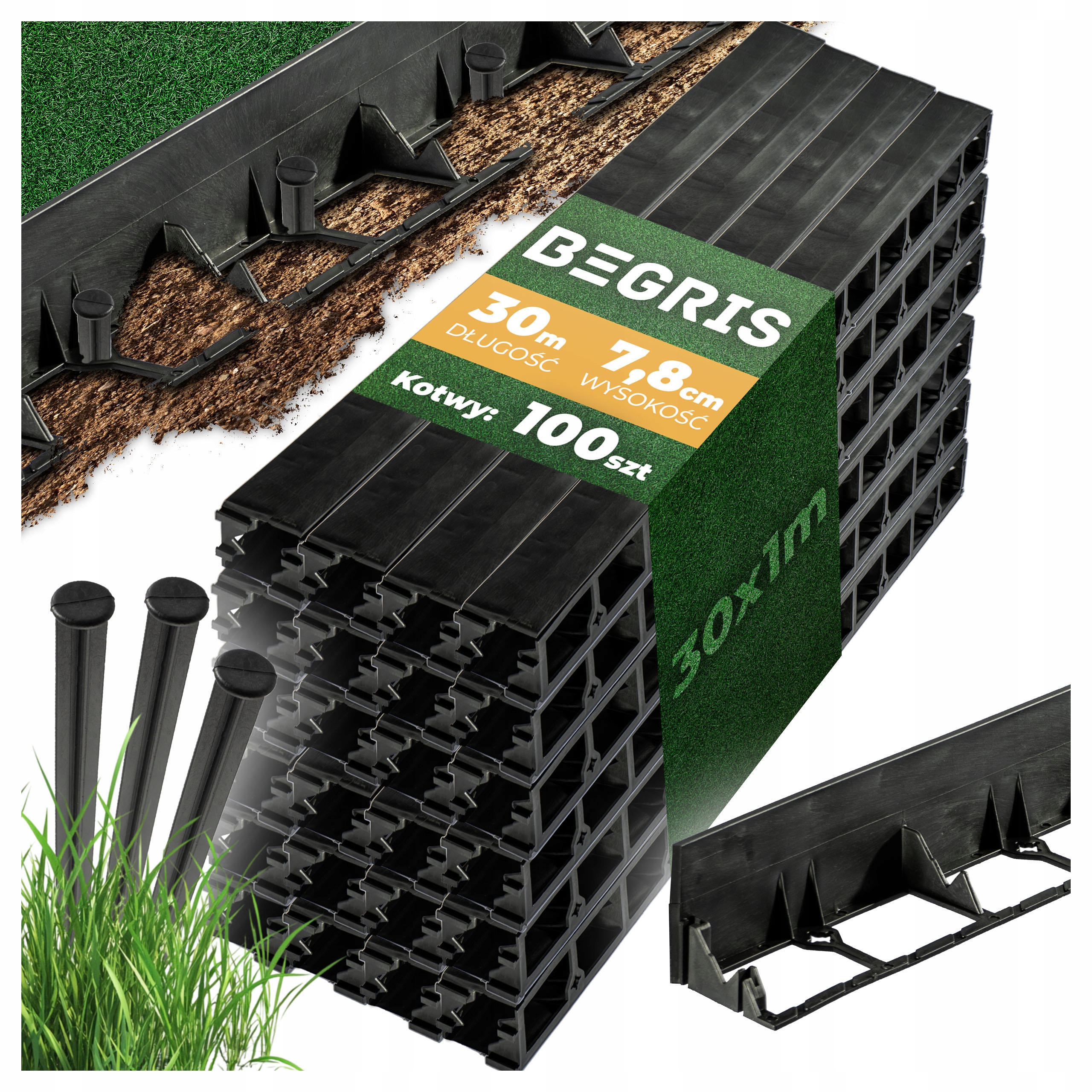 Obrzeże Ogrodowe Trawnikowe 30 Mb Kotwy 100 Szt Eco Border 7,8 CM Obrzeża