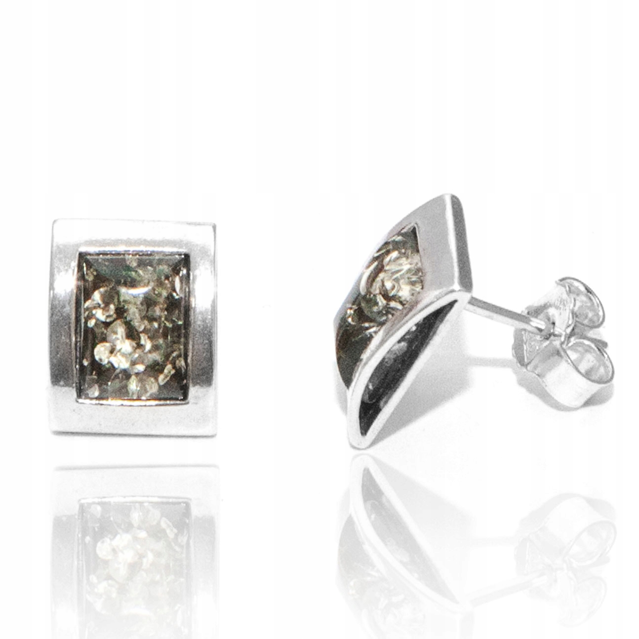 Stříbrné náušnice s jantarem obdélníkové, zeleno-šedý jantar stříbro 925