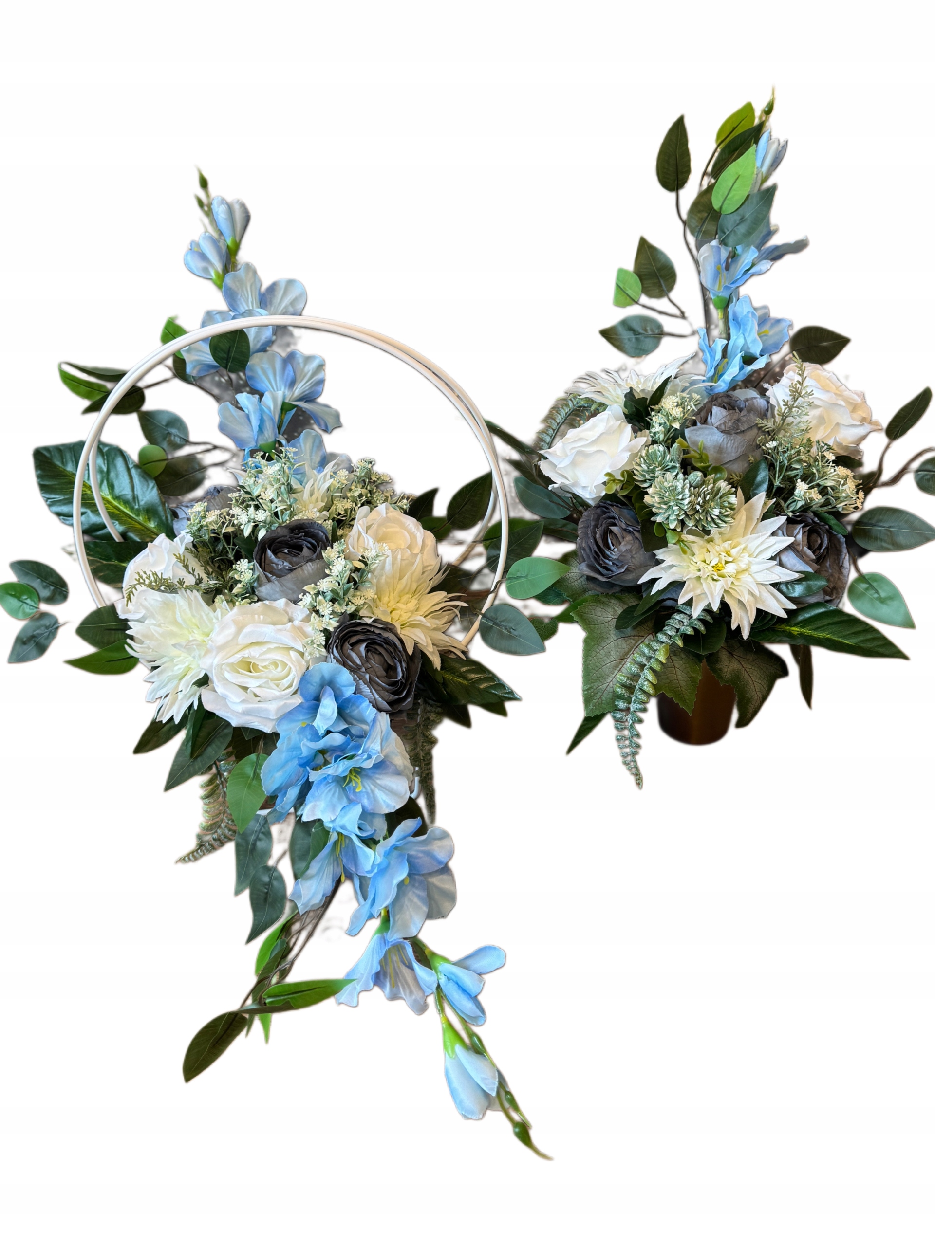 Kovový Košík Dekorace na hrob modrá sada umělé květy hřbitov