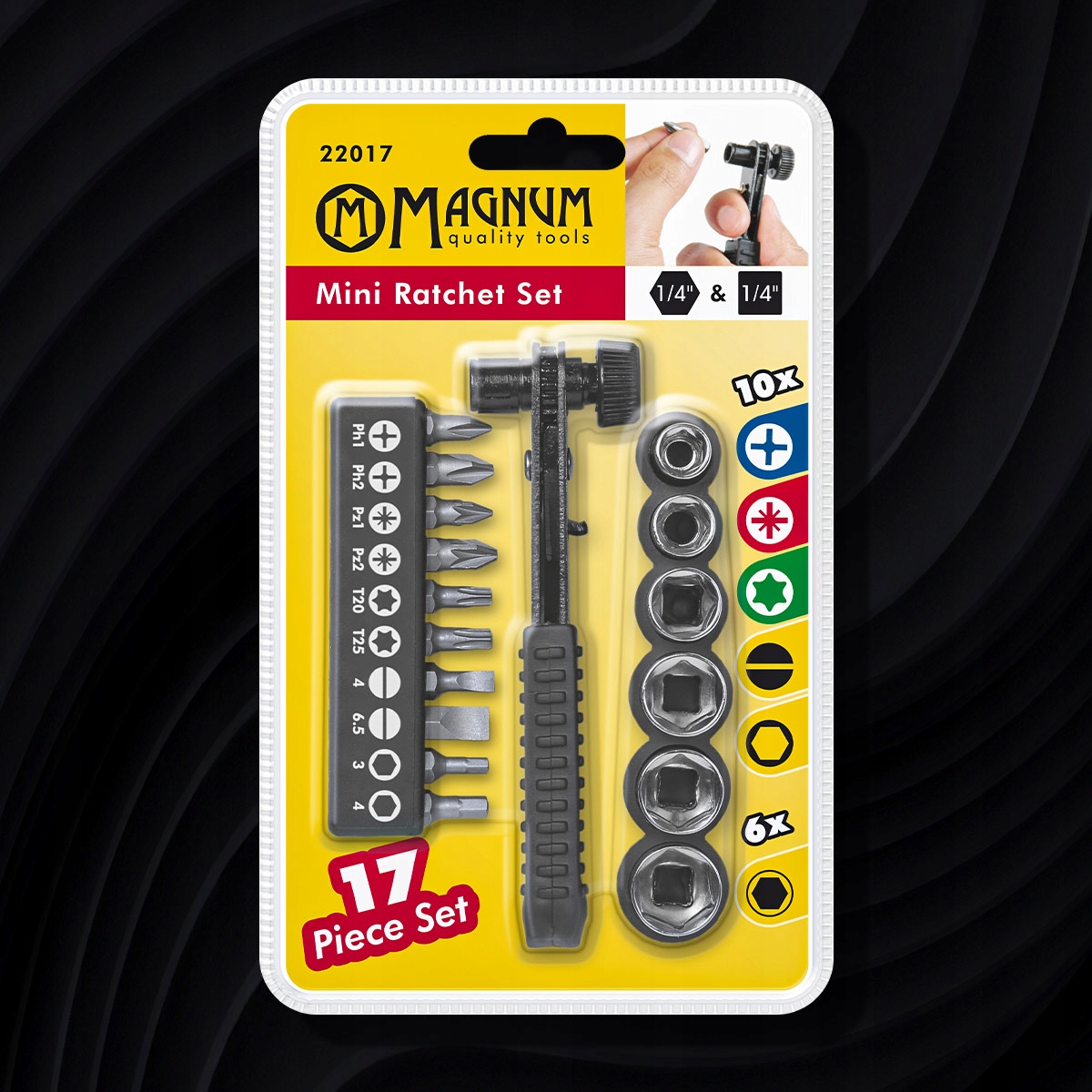 Uchwyt wkrętak do bitów Magnum kątowy + bity 1/4" 17 szt. profesjonalny Kod producenta 6418868220173