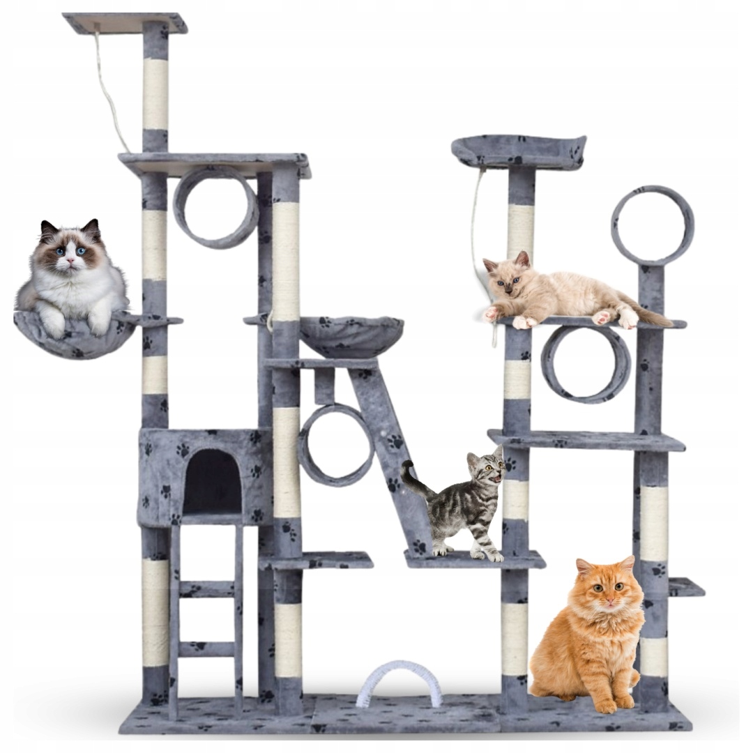 Levně Drapak Pro Kočky XXL Velký 255 cm Věž Houpací Síť Tuba Domeček Světle Šedý S Tlapkami