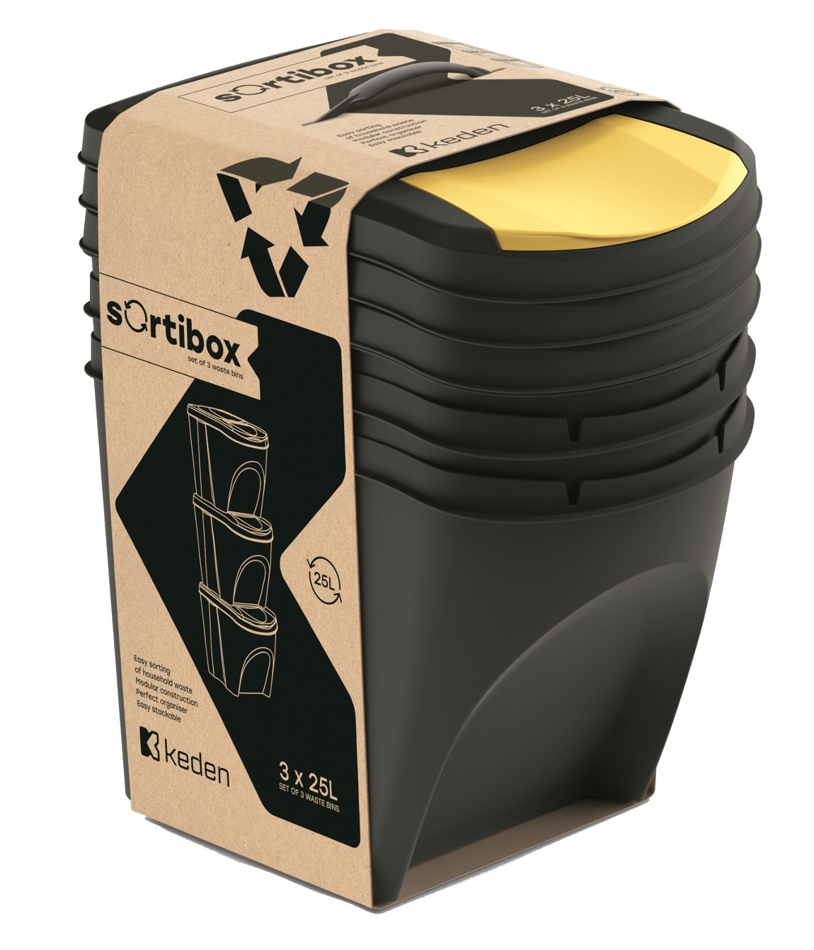 Levně Sada 3 odpadkových košů Sortibox recyklovaně černý 3x25L
