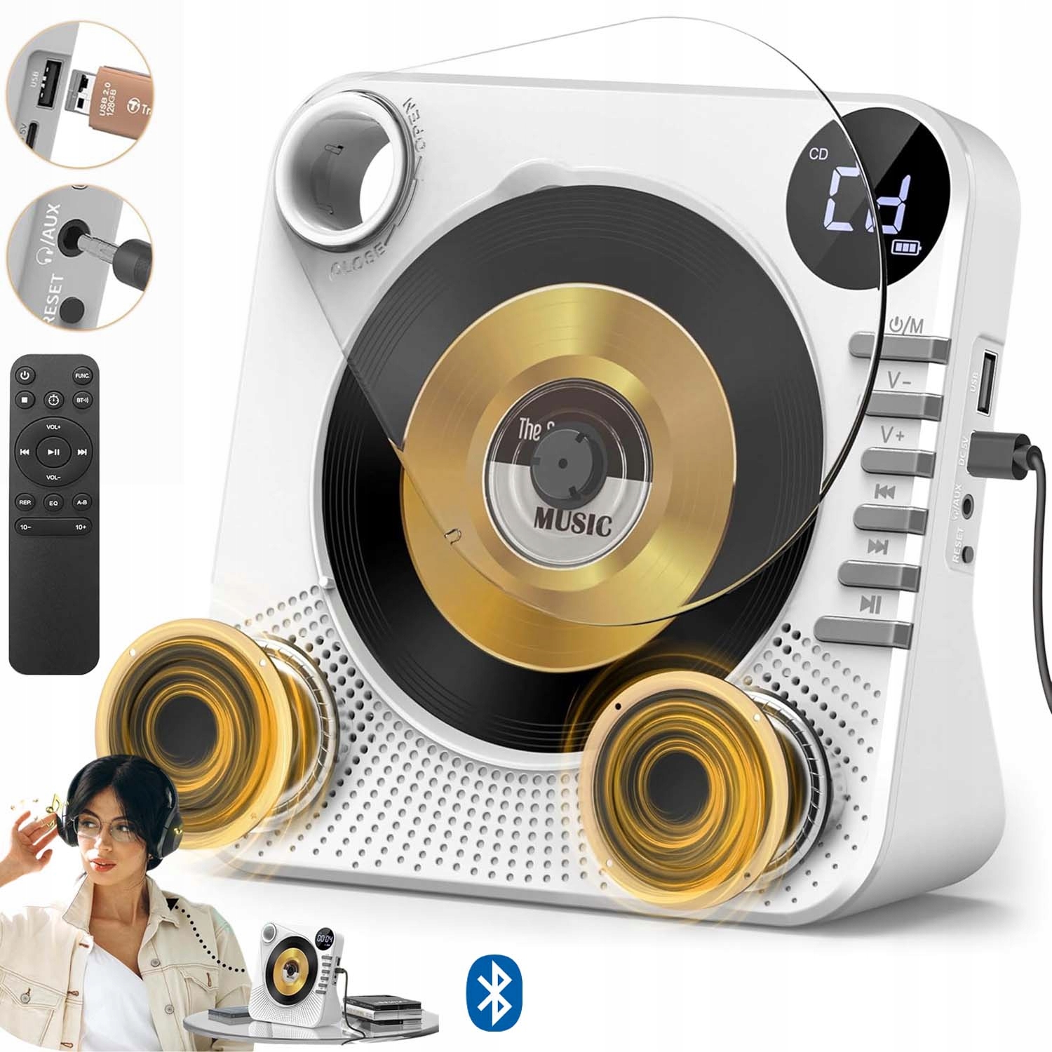 Přenosný CD Přehrávač 5.0 Fm Usb Aux S Displejem A Časovačem, Bílý