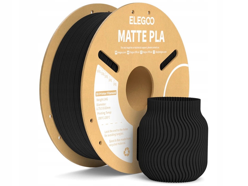 Filament Elegoo Matte Pla, Średnica 1.75 mm, 1 kg (1 szt.) Czarny
