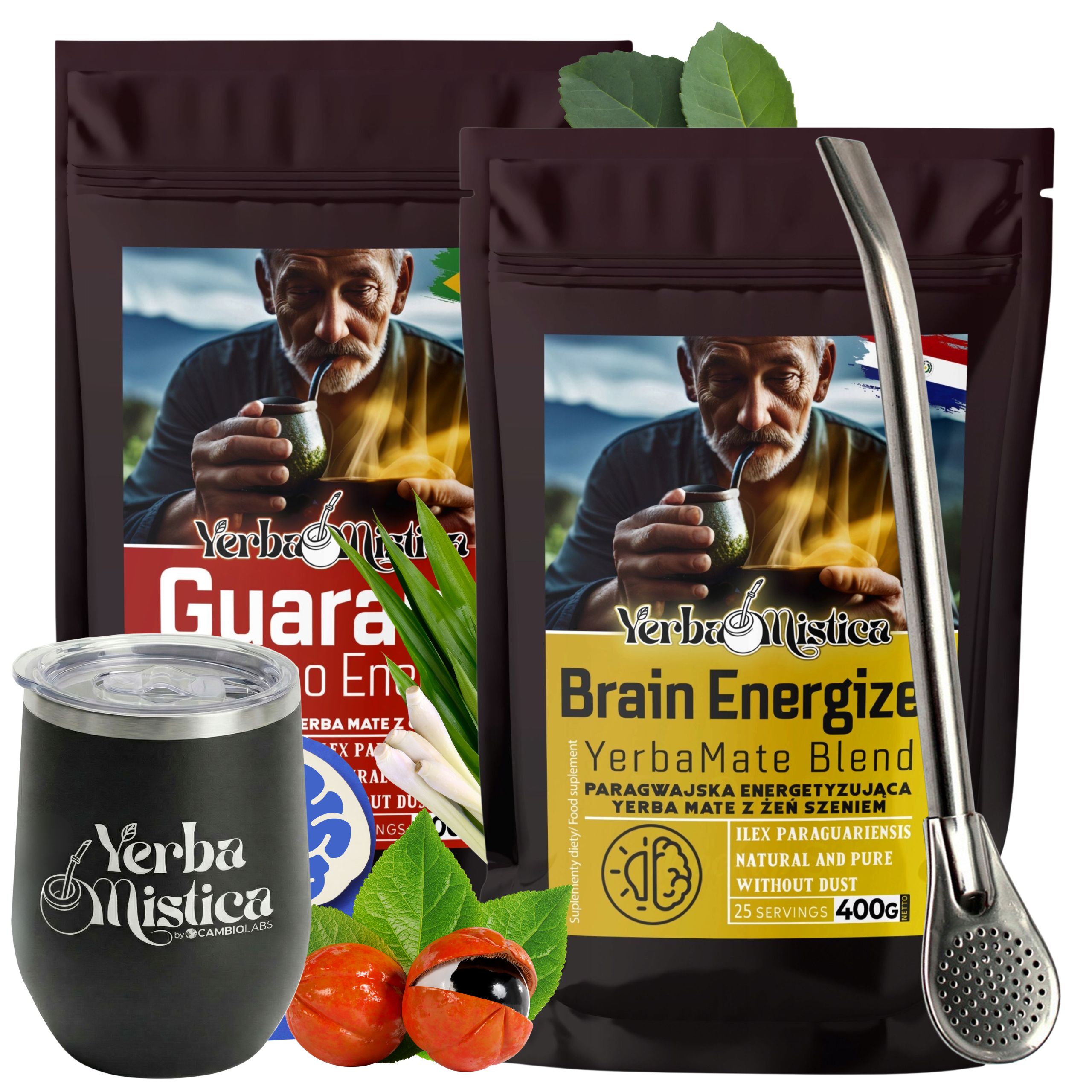 2x Yerba Mate na povzbuzení Yerba Mistica Čaj s Guaranou Matero Bombilla