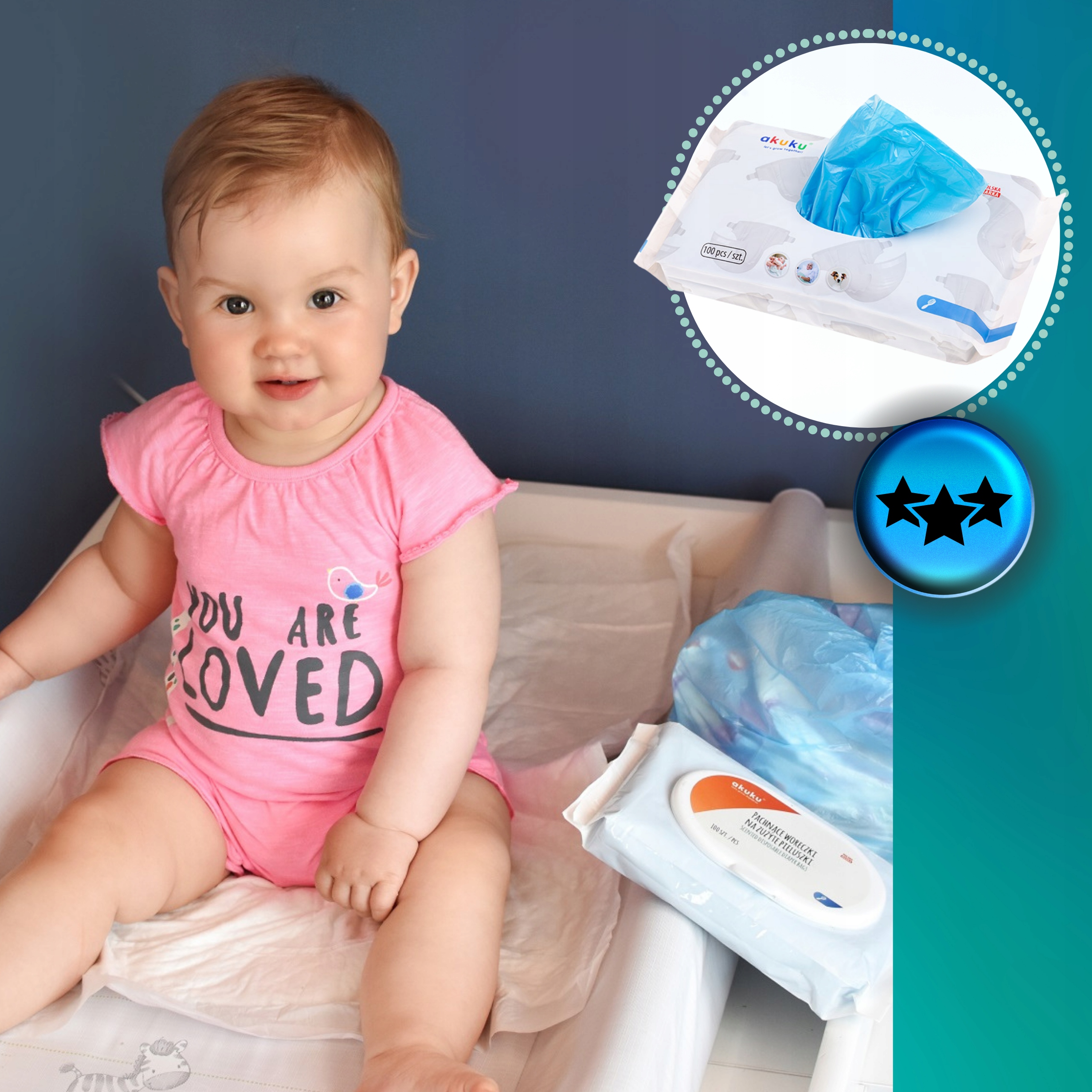 100 szt Pachnące Woreczki Duże Wytrzymałe Worki na zużyte pieluchy AKUKU Waga produktu z opakowaniem jednostkowym 0.2 kg