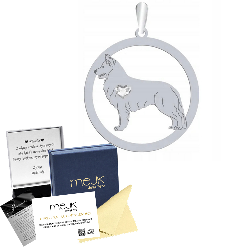 Stříbrný přívěsek se psem White Swiss Shepherd Dog 925 Dárek Gravírování Bonus