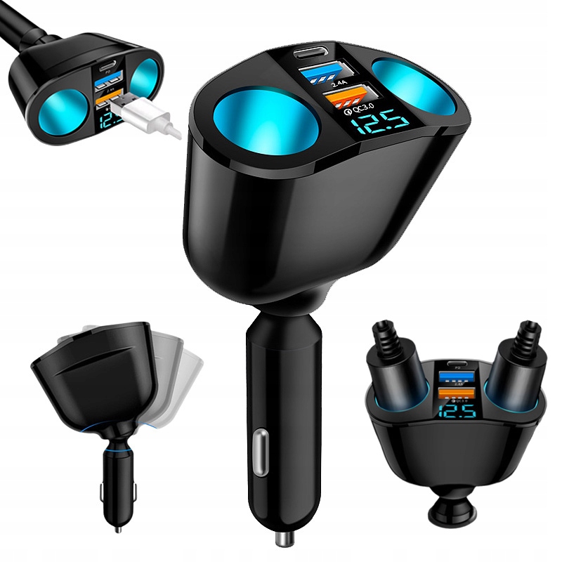 Rozdzielacz Gniazda Zapalniczki 12-24V Ładowarka 2XUSB Qc Woltomierz 170W