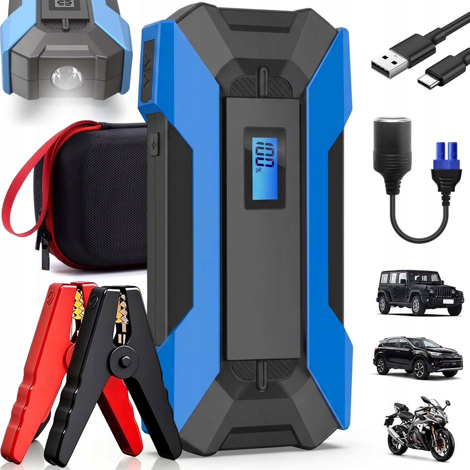 Jump Starter Silný Booster Powerbanka Svítilna 6000 mAh Multifunkční