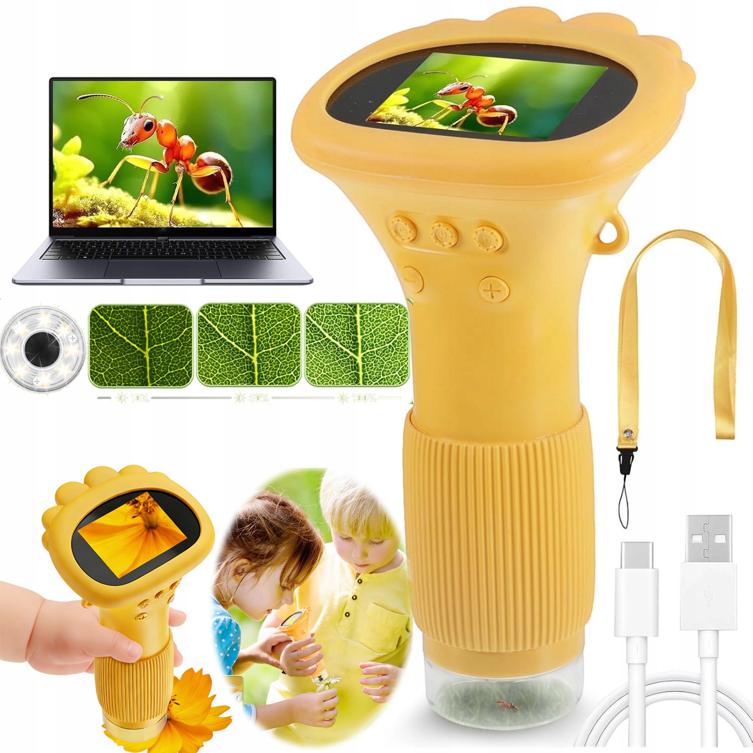 Přenosný Kapesní Mikroskop 1000 X S 2PALCOVOU Obrazovkou, 8 Led Pro Děti
