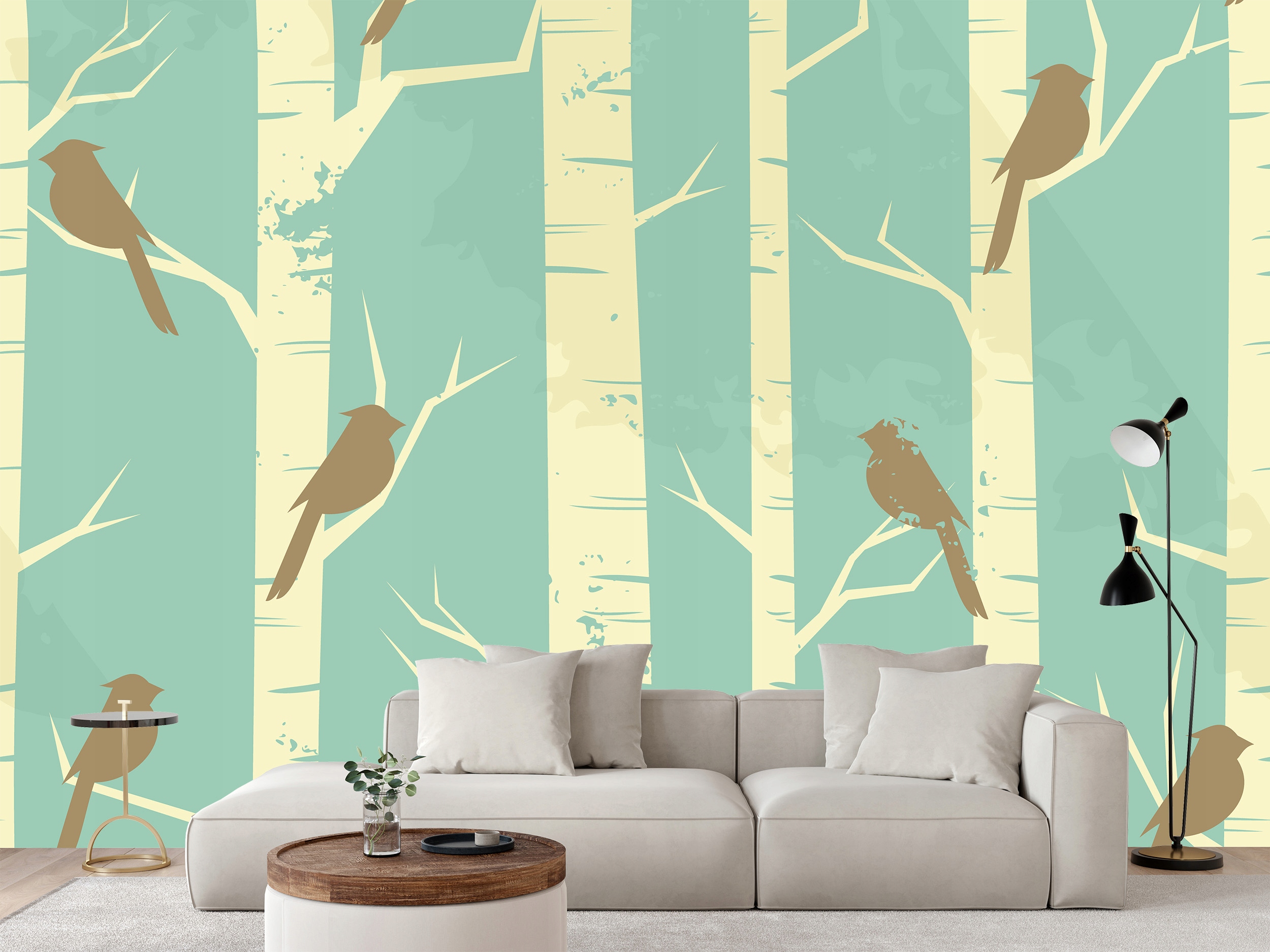 Fototapeta Ilustrace Vintage Ptáci Na Bříze Stromy 208 x 146 cm