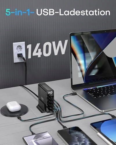 Topadre Ładowarka USB C 140 W, 5-portowa GaN USB C — miniatura 2