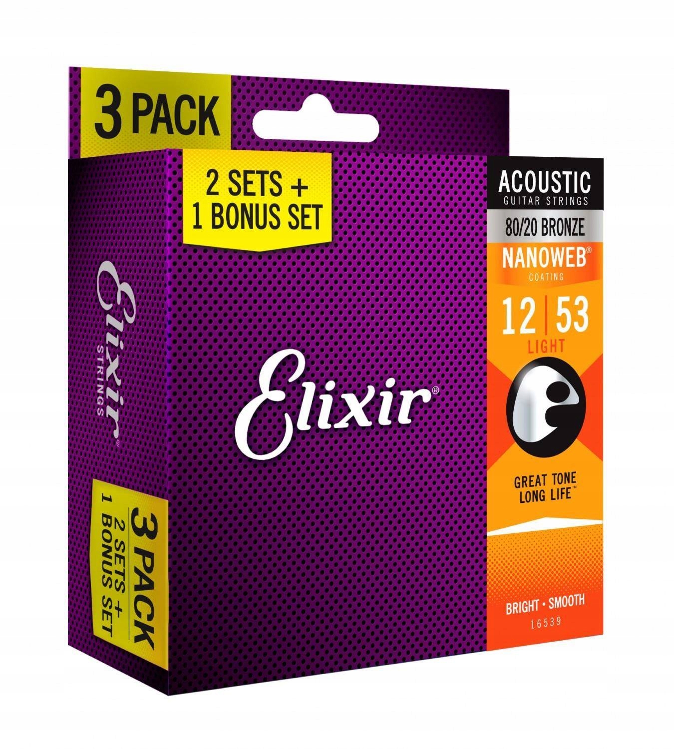 Elixir 16539 NanoWeb Bronze Light 12-53 2+1 – akustické struny