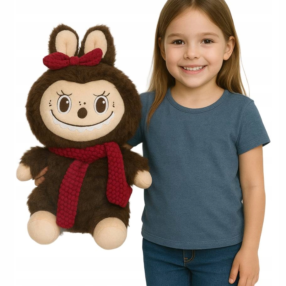 Pluszak Labub maskotka 35 cm brązowy stworek w czerwonym szaliku i rękawicz